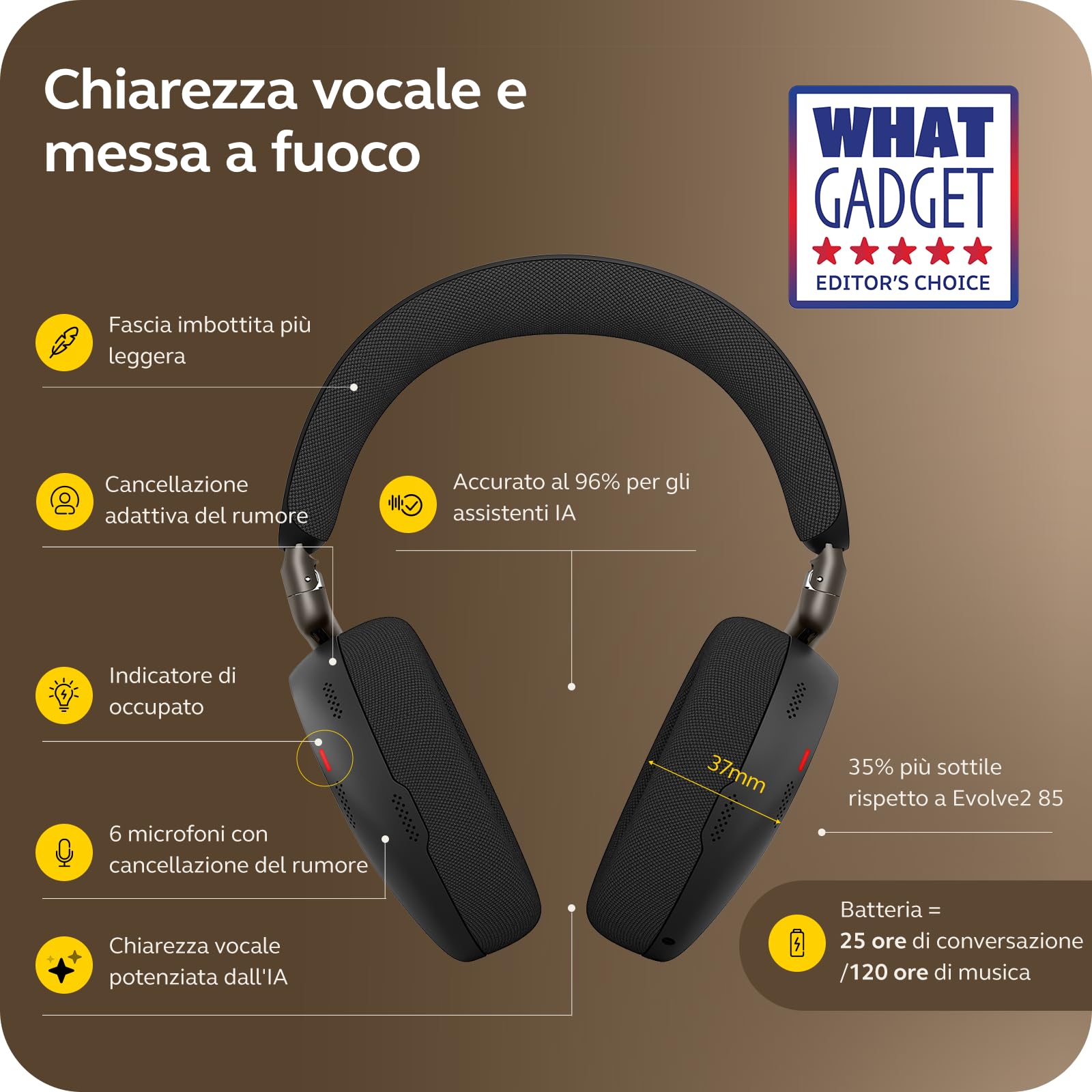 Jabra Evolve3 85 Cuffie Over-Ear Wireless con Microfono, Nero | Per Lavoro, Dongle USB-C, ANC Adattiva, 25h Batteria, per App di Meeting