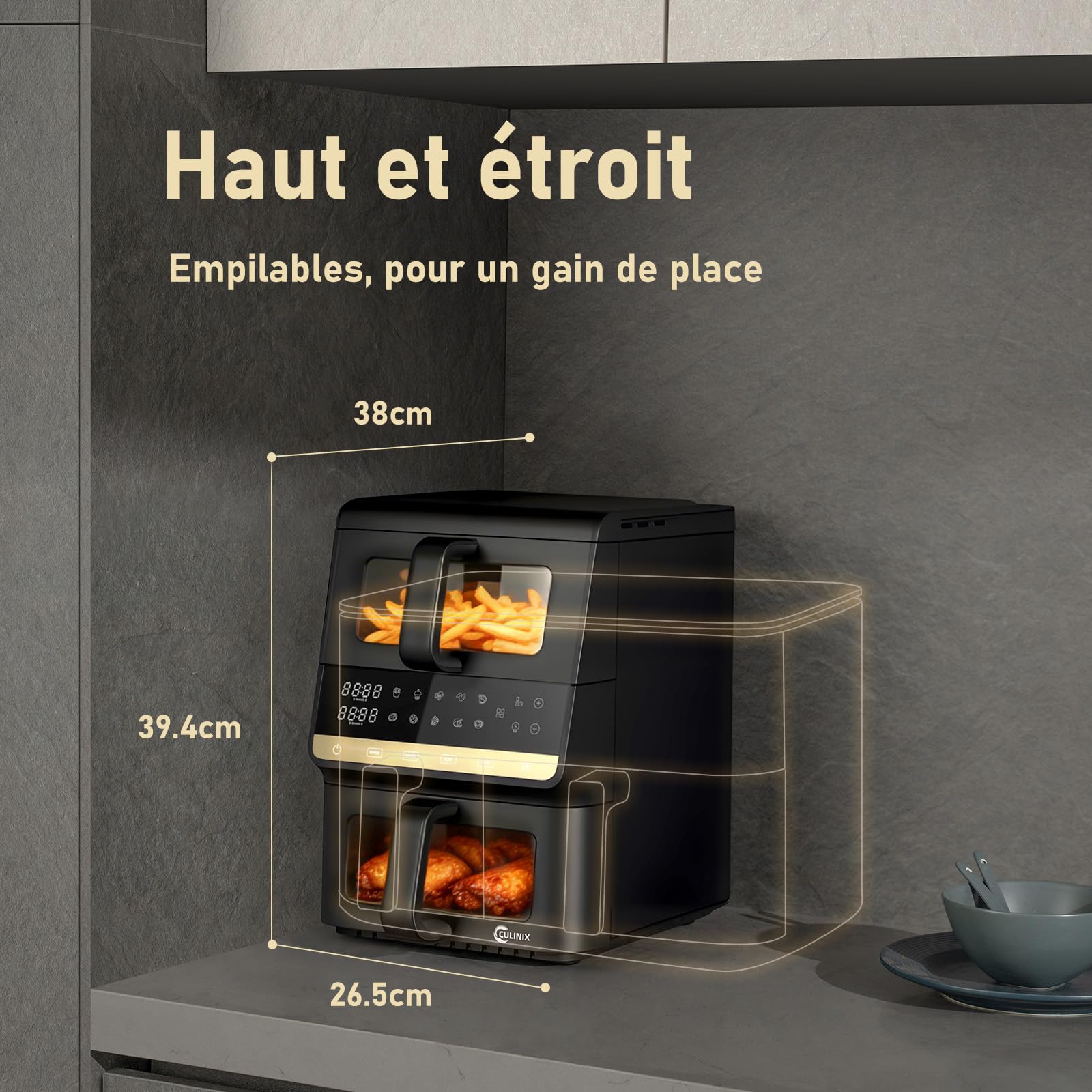 Air Fryer Vertical 10L,10-in-1 Friteuse Sans Huile Airfryer à 2 Double Compartiment Tiroir,Fonction Synchronisation SYNC et DUAL, Design Compact, Économie 80% d'Huile, Noir