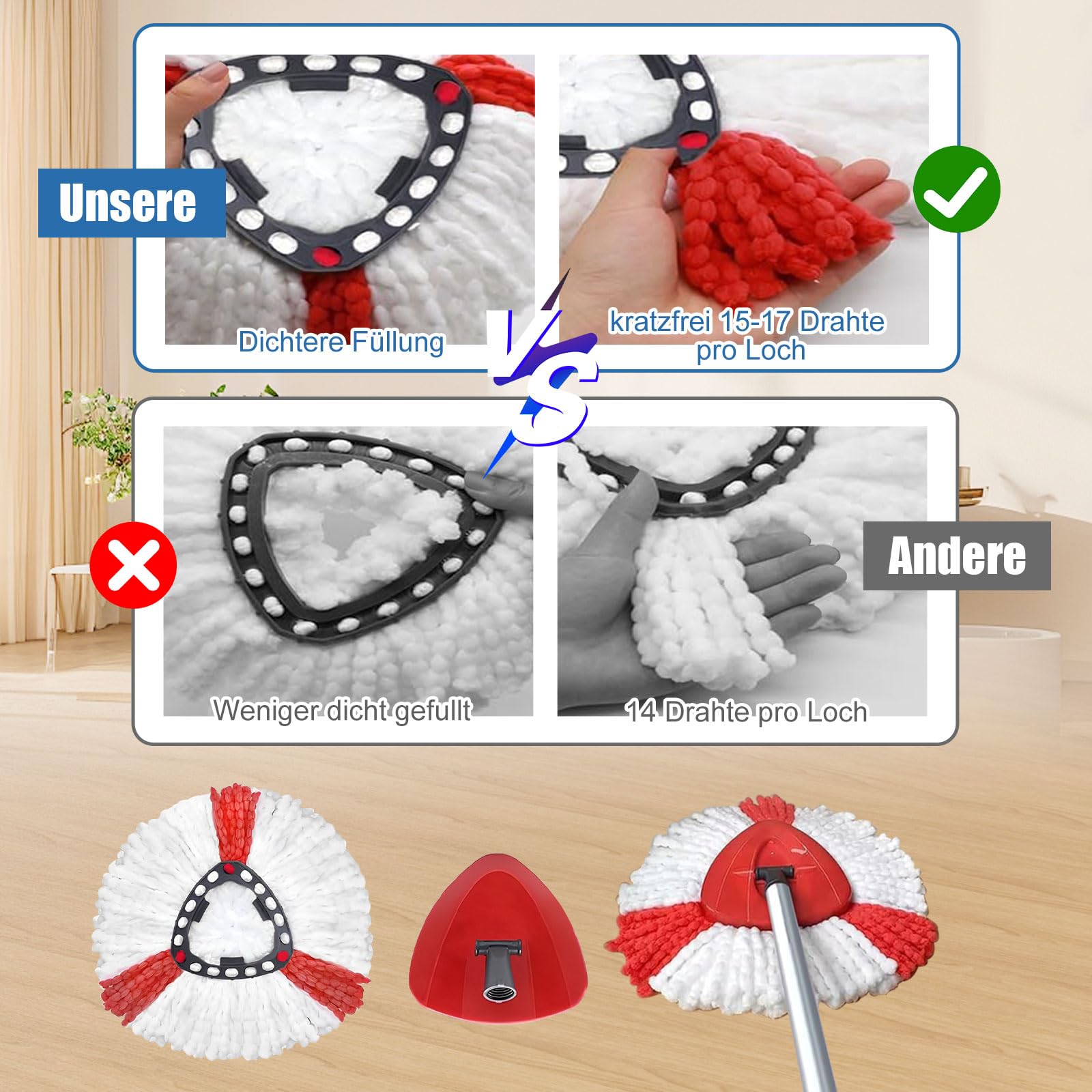 Wischmopp Ersatzköpfe Für Vileda - 2 Mikrofaser Bezüge + 1 Scheuerbürste + Moppbasis