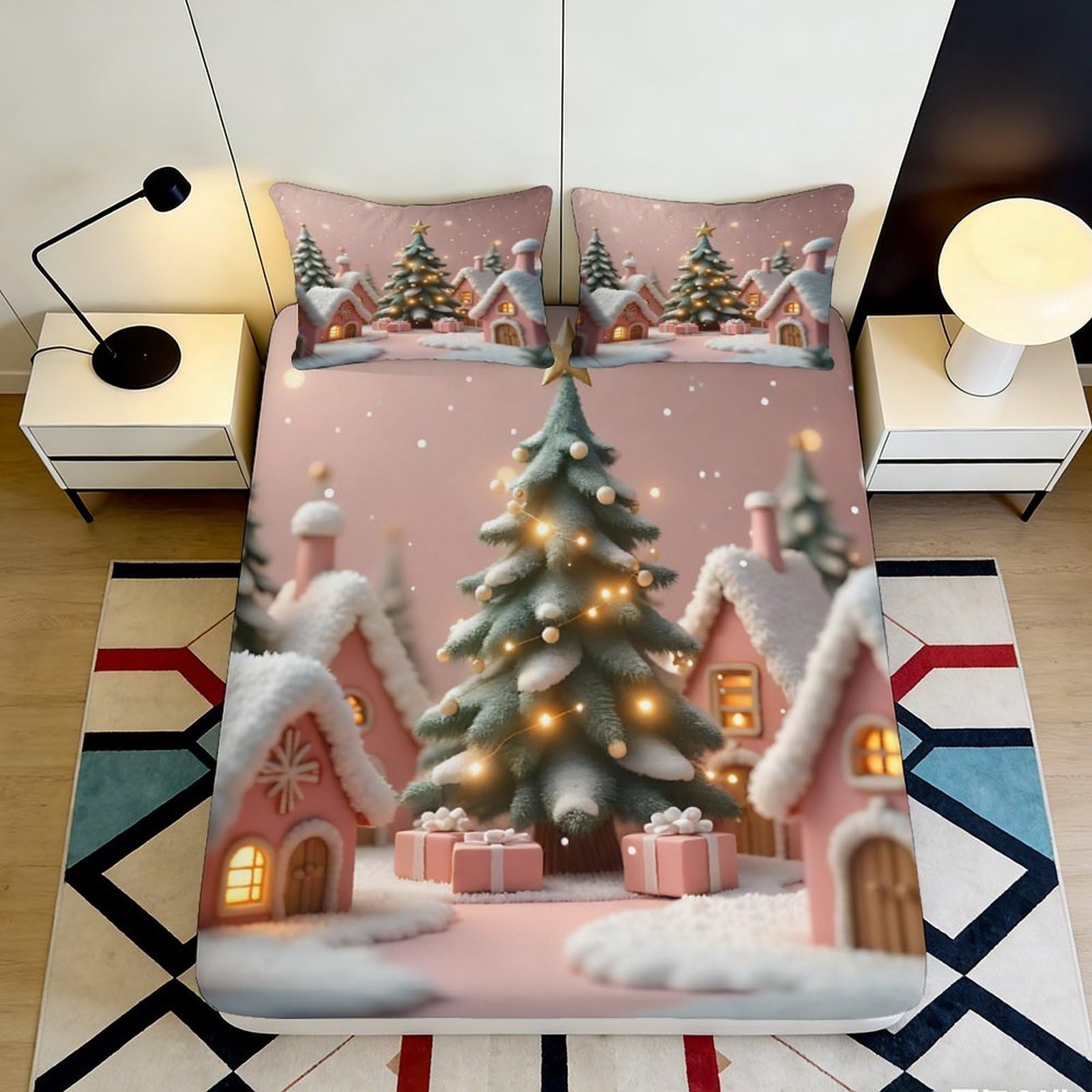 3D Printed Christmas Tree Fitted Sheet Microfiber Soft Breathable Winter Snow Scene Bed Cover for Bedroom Dormitory Guest Room Mattress Protection 90x200x25cm