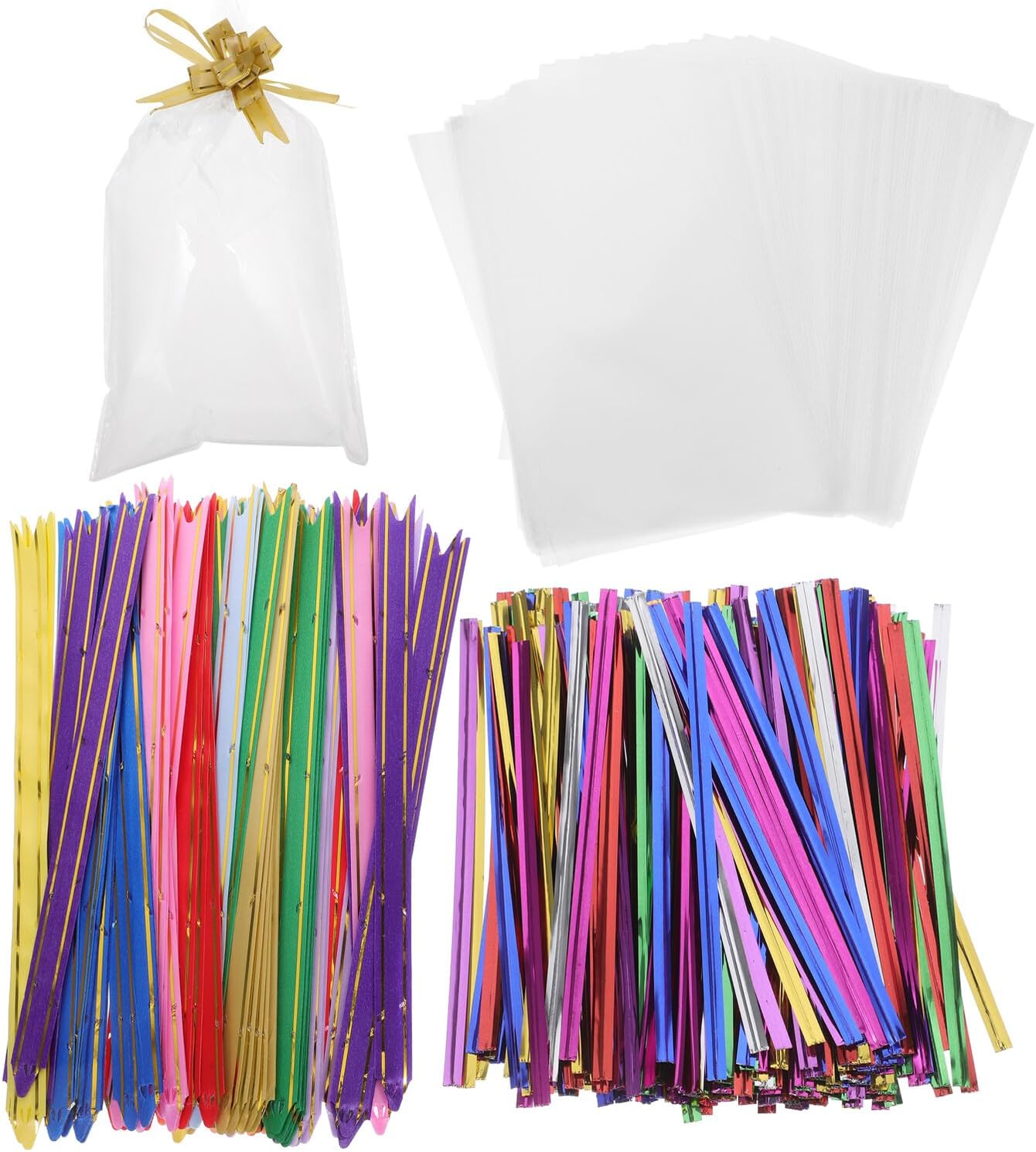 KOMBIUDA 400 Cellophane Bags 15x25cm with Pull Bows and 10cm Metal Twist Ties, Candy Treat Goody Bags for Party Favors, Cookie Wrapping, Present Pouches for Holidays and Events