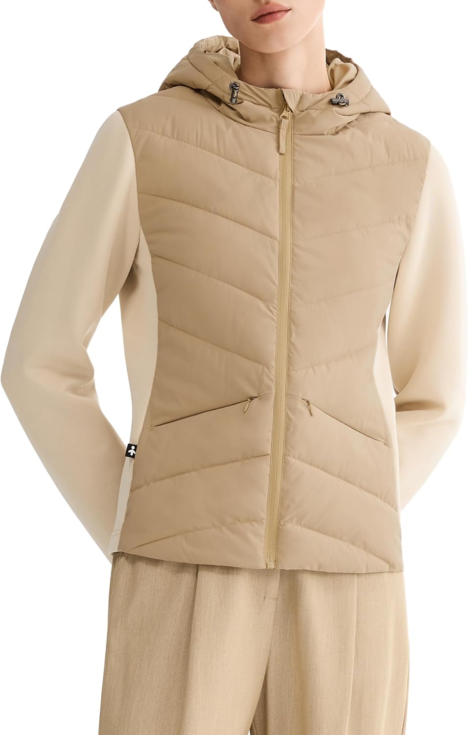 Orolay Women's Quilted Puffer Jacket Lightweight Patchwork Sleeves Coat Hooded Zip Up Jacket for Outdoor, Hiking