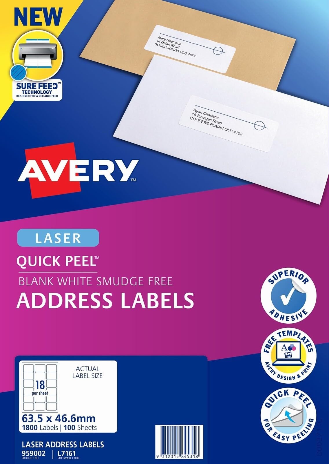 Avery Etichette A4 per stampanti laser, etichette stampabili per imballaggi, spedizioni e indirizzi, colore bianco, 63,5 x 46,6 mm, 1800 etichette/100 fogli (959002/L7161)