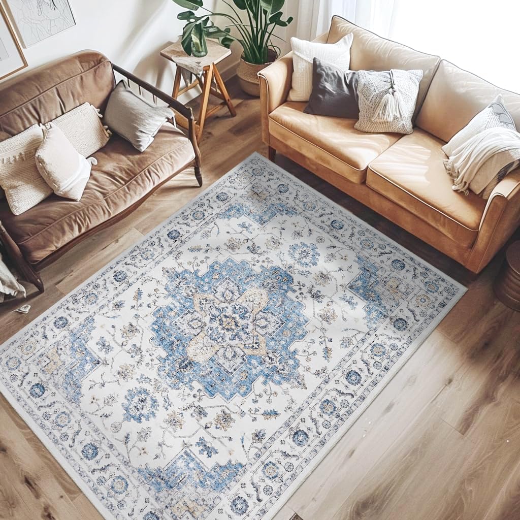 jinchan Area Rug 5x7 Vintage Washable Bedroom Rug Floral Medallion Lightweight Non Slip Thin Retro Classic Soft Boho Floor Cover Farmhouse Carpet for Living Room Dining Room Kitchen Blue 5' x 7' (Buttery Soft) Classic Blue