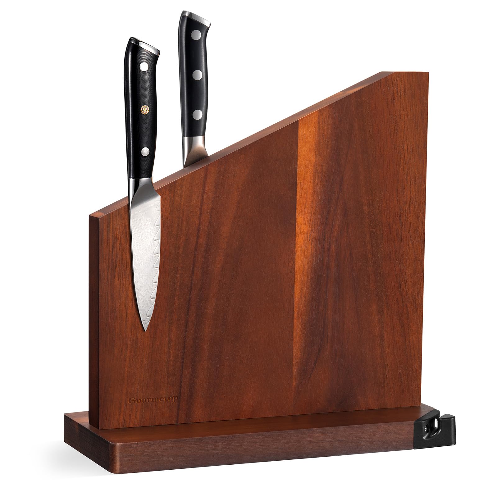 Gourmetop Messerblock Magnetisch mit Integriertem Schärfer, 100% Akazienholz Messerblock ohne Messer, Starker Doppelseitiger Magnetischer Messerhalter für die Küche, Dunkles Holz