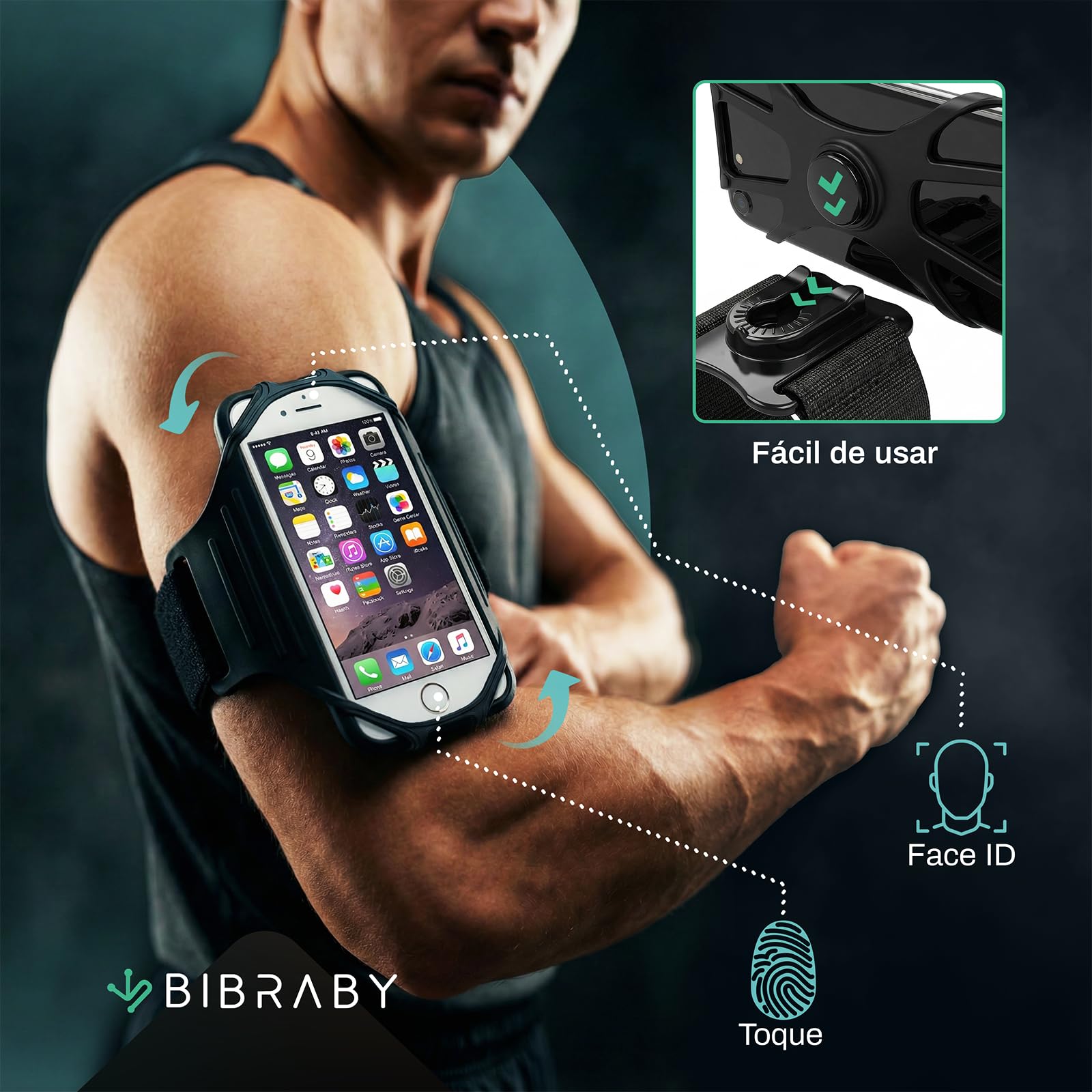BIBRABY Super Brazalete móvil en Funcionamiento Running | Soporte Universal para movil Ajustable a Brazo y muñeca | Accesorios Antideslizantes | Correr Caminar Gimnasio | Phones hasta 7'' (Negro) — view 6