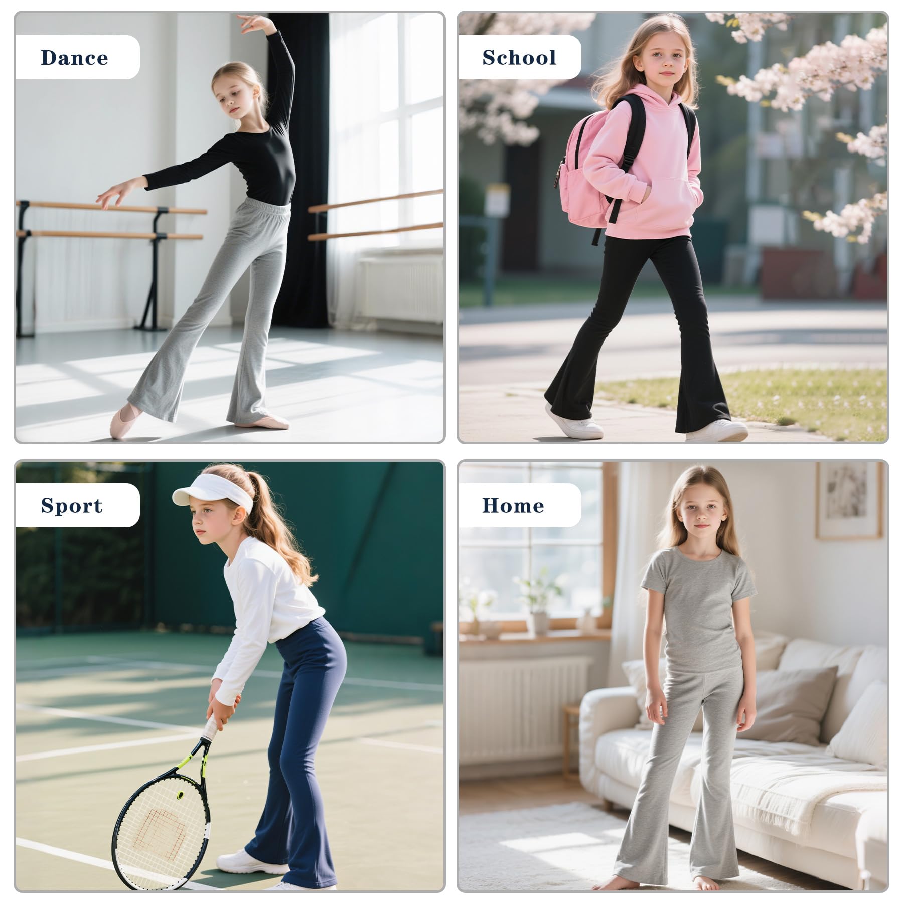JinBei Leggings Évasés pour Filles Coton Flare Legging Doux Confortable Lot de 2 Bootcut Pantalon Respirant Ceinture élastique Sports École Vêtements Couleur Unie pour Enfants, 5-14 Ans