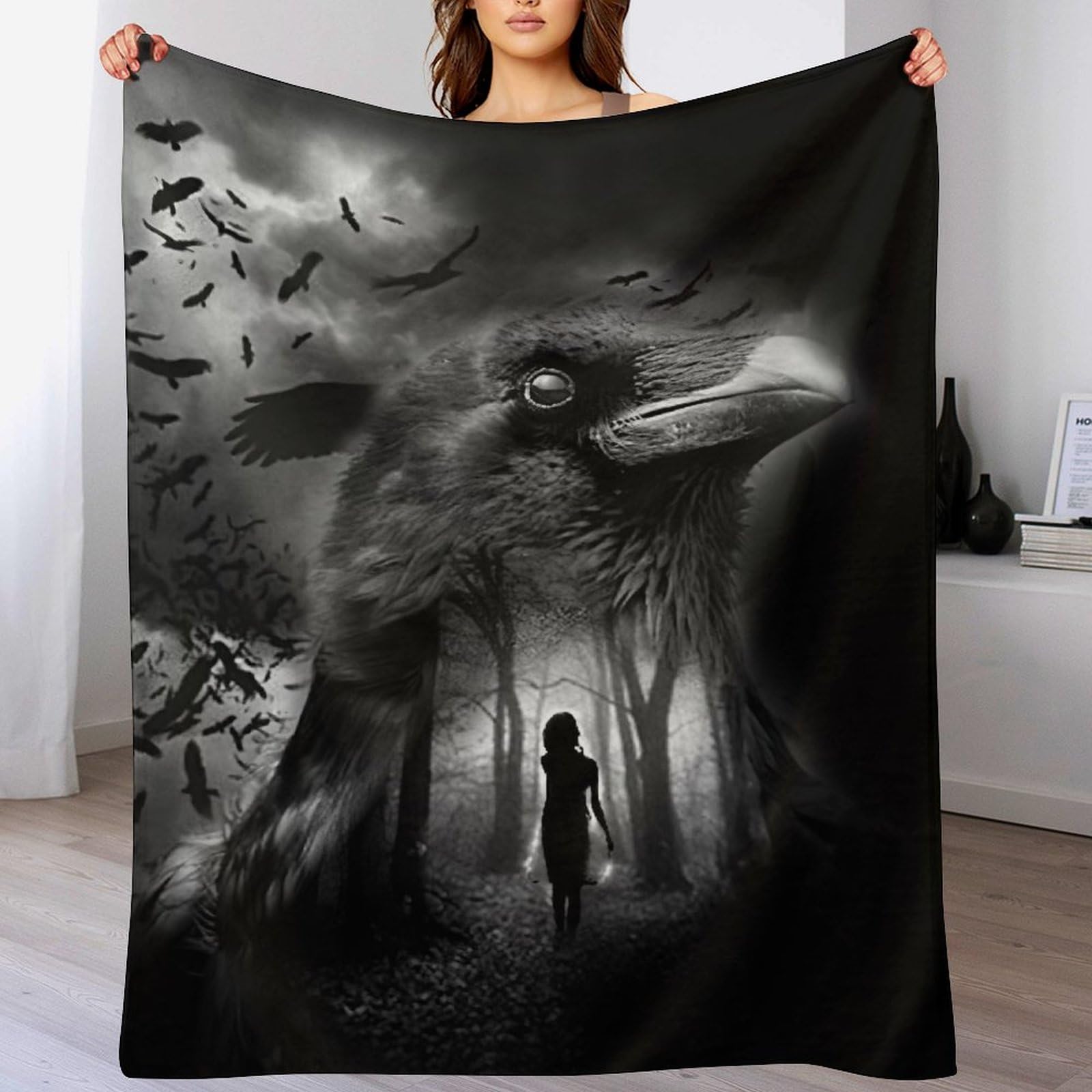 Couverture polaire corbeau pour cocooning sur lit et canapé