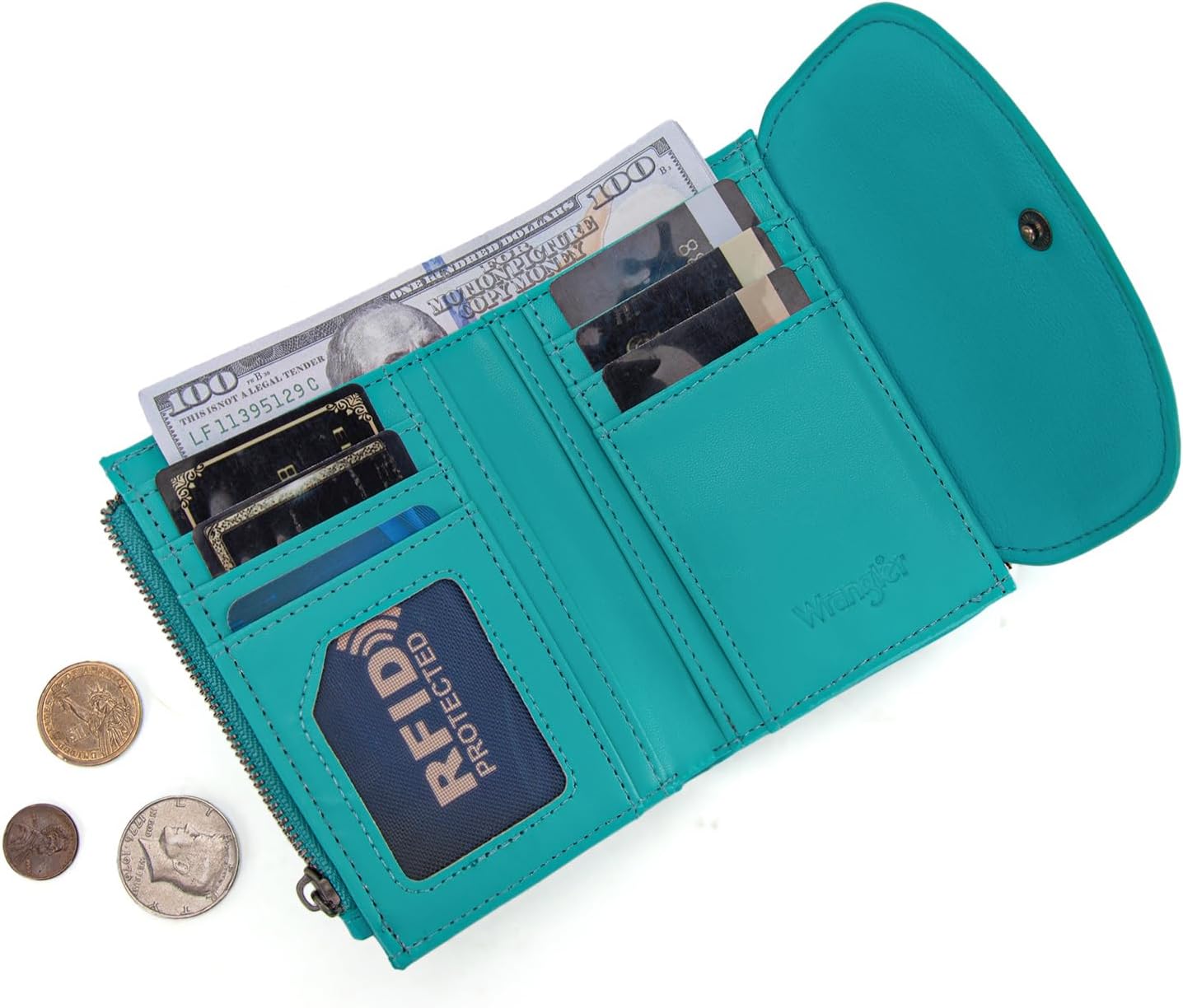 Montana West X Wrangler Small Wallet Women's Minimalist Wallets, Card Cases & Money Organizers Large Capacity Trifold Wallets for Women Ladies Female Turquoise with Coin Purses - Image 3