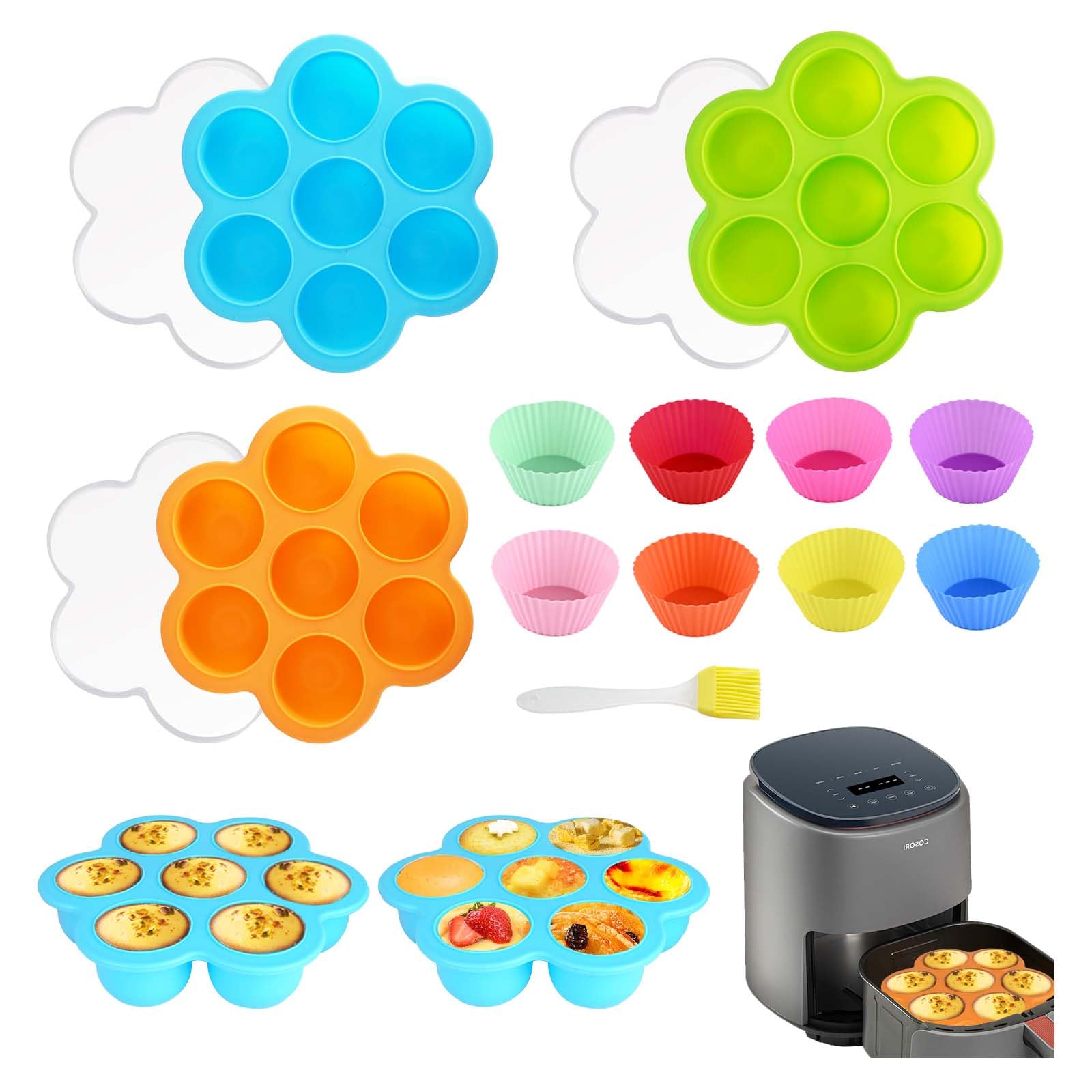 3 Pack Silicone Egg Bites Molds for Air Fryer, Non-Stick Egg Bite Maker with 1Pc Oil Brushes and 8Pcs Muffin Cups, Reusable Silicone Baking Cups with Lid or Cooking, Air Fryer Accessories