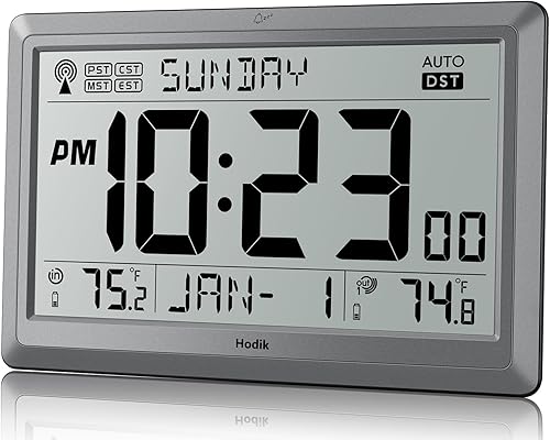 Miniatura 8 de Reloj de pared atómico con temperatura interior y exterior, alimentado por batería, fácil lectura con pantalla LCD grande de 10.5 pulgadas, reloj de