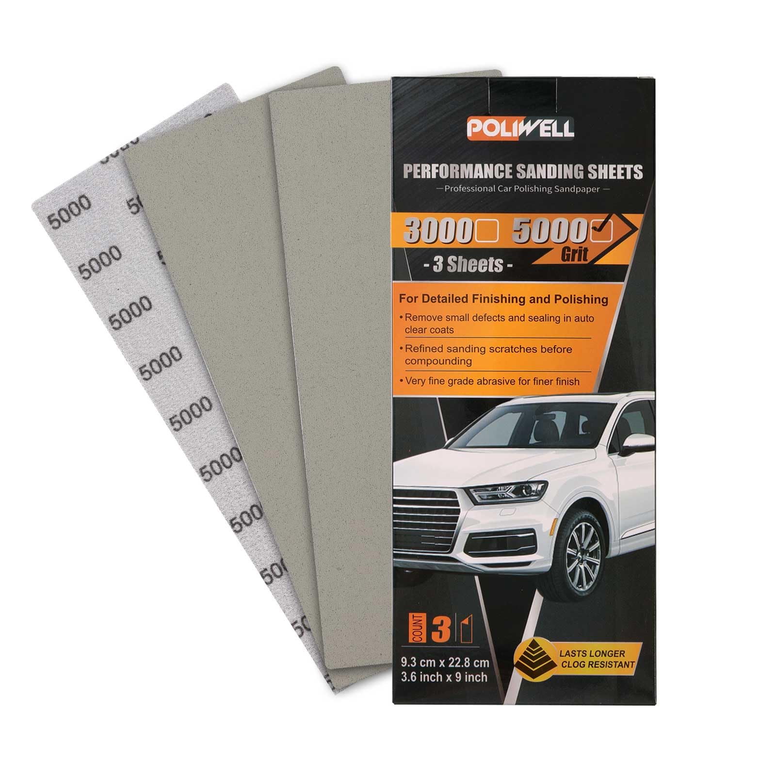 POLIWELL Auto Performance Sandpaper 3 Pack, 3.6 in x 9 in 5000 Grit Clear Coat Polish Sandpaper, Fine Grade Abrasive Sanding Sheet for Wet Polishing