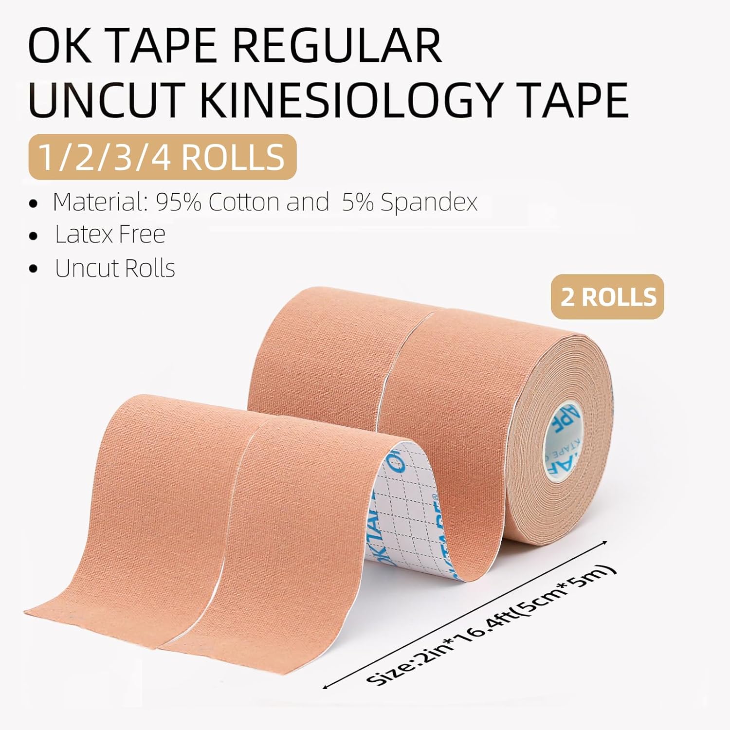 OK TAPE Regular Original Cotton Kinesiology Tape (2 Pack), Elastic Water Resistant Therapeutic Athletic Tape, Latex Free, Injury Recovery, Uncut K Tape 2in×16.4ft - Beige - Image 3