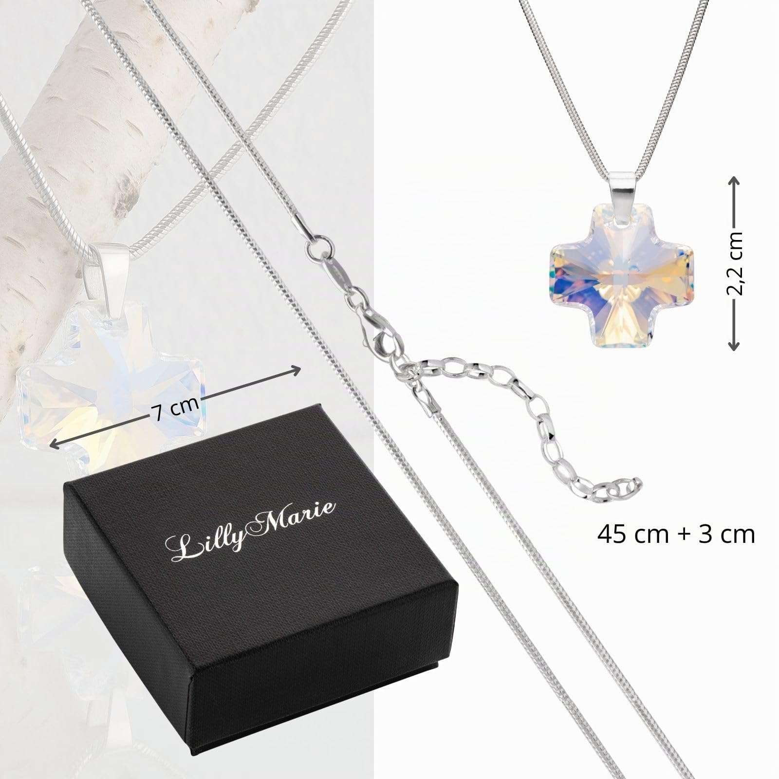LillyMarie Damen Halskette Mit Verstellbarem Sterling-Silber Schlangenkette Und Kristall-Kreuz-Anhänger