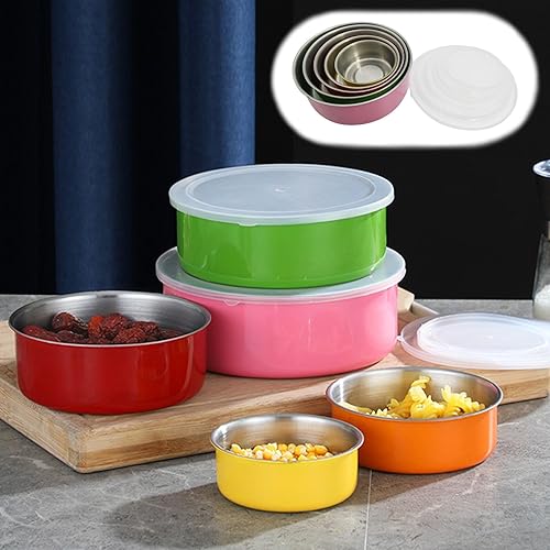 5 tazones coloridos de acero inoxidable con tapas de plástico, contenedor multifuncional para alimentos de cocina para el hogar, juego de cuencos