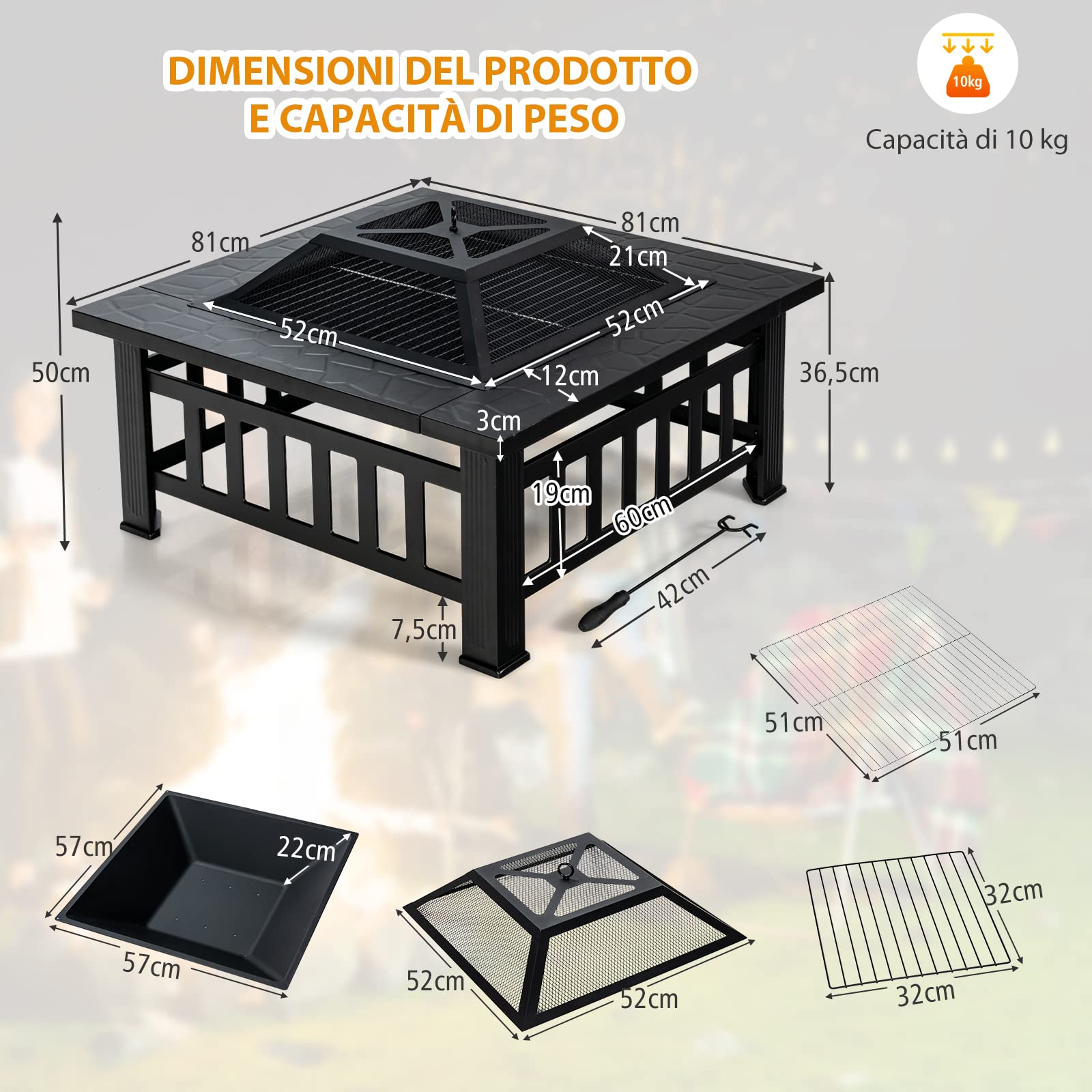 COSTWAY Braciere da Esterno 81cm, 3 in 1 Braciere da Giardino con Parascintille Griglia, in Acciaio, Diametro 81 x 81 x 50 cm (Nero)
