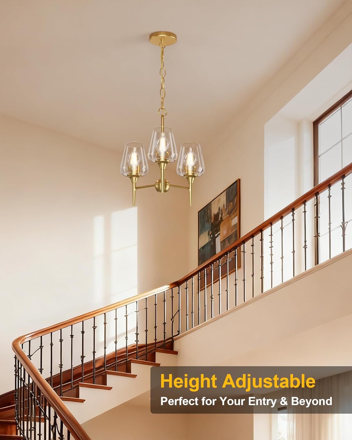 16" Wine Glass Chandelier for Dining Room, 3 Lights Glass and Metal Chandelier, Modern Style Dining Room Light Fixture Over Table/Foyer/Bedroom, Gold with Vintage Wood Interior