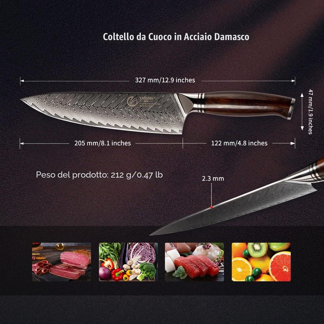 YARENH Coltello da Chef 20.5 cm, Professionale Coltelli da Cucina, 73 Strati di Acciaio Damasco ad Alto Tenore di Carbonio con Manico in Sandalo, Coltello Gyuto con Guaina in Legno