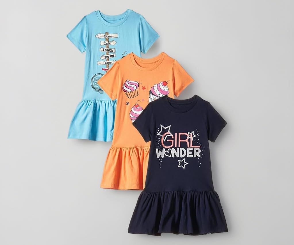 T2F Girls Cotton Printed Knee-Length Casual Dress(Pack of 3)