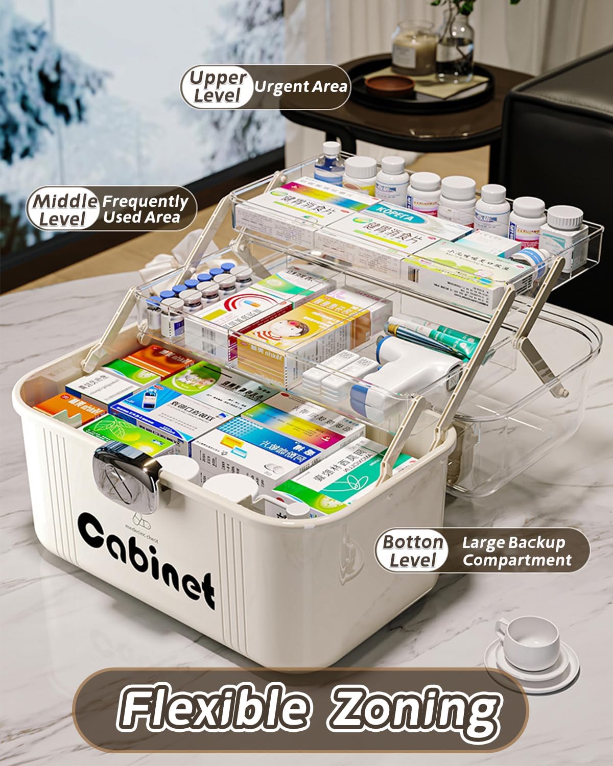 3-Tier Folding Medicine Cabinet Organizer with Handle, Clear Portable Medicine Storage Box for Home, Multifunctional First Aid Caddy with Secure Latches, Large Capacity Medical Supply Organizer