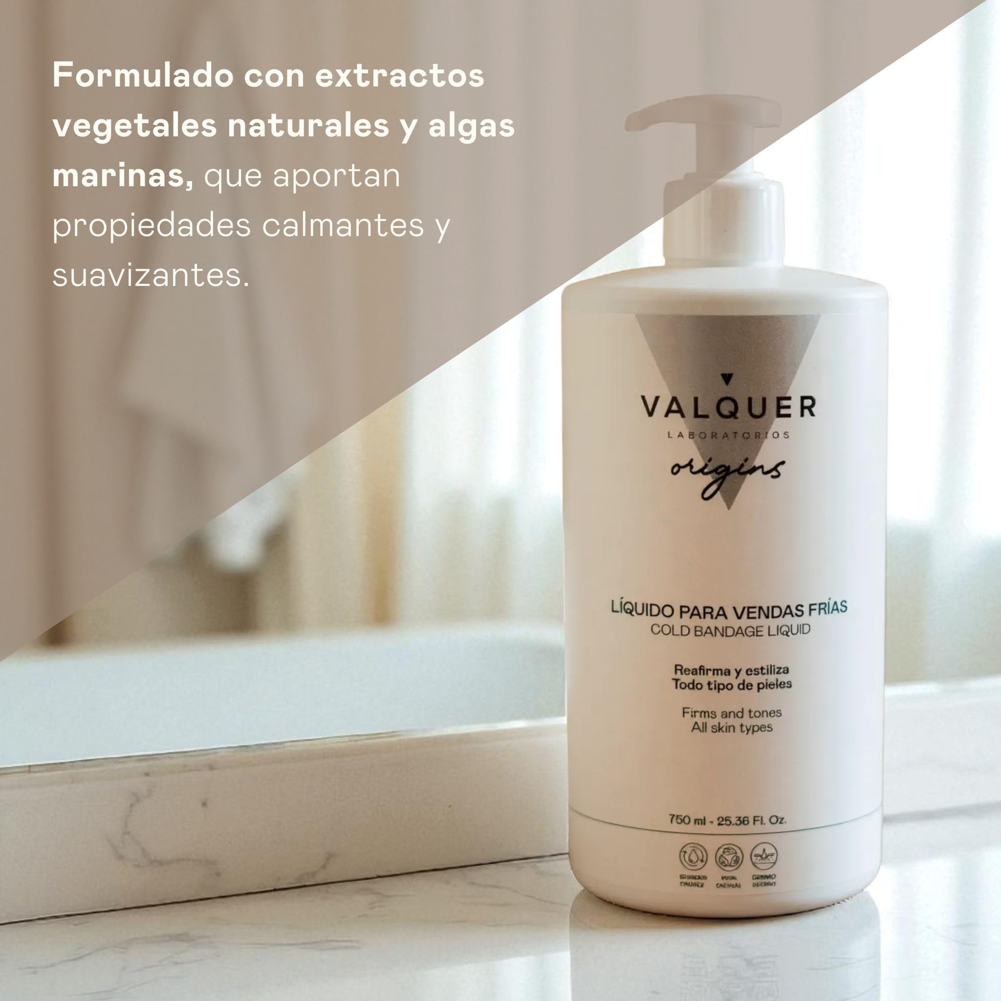 VALQUER ORIGINS Líquido de Vendas Frías para Alivio de Piernas Hinchadas o Cansadas | Piernas Ligeras | Mejora la Circulación Sanguínea con Extractos Naturales y Algas | 750 ml