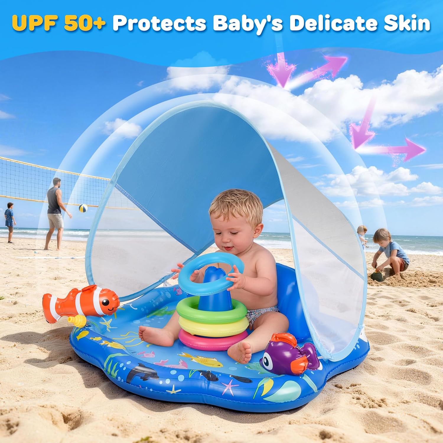 Inflatable Baby Pool Float with Canopy & Backrest, Baby Splash Pad with Stackable Rings Game, Baby Splash Mat for Garden, Beach and Backyard (Blue)