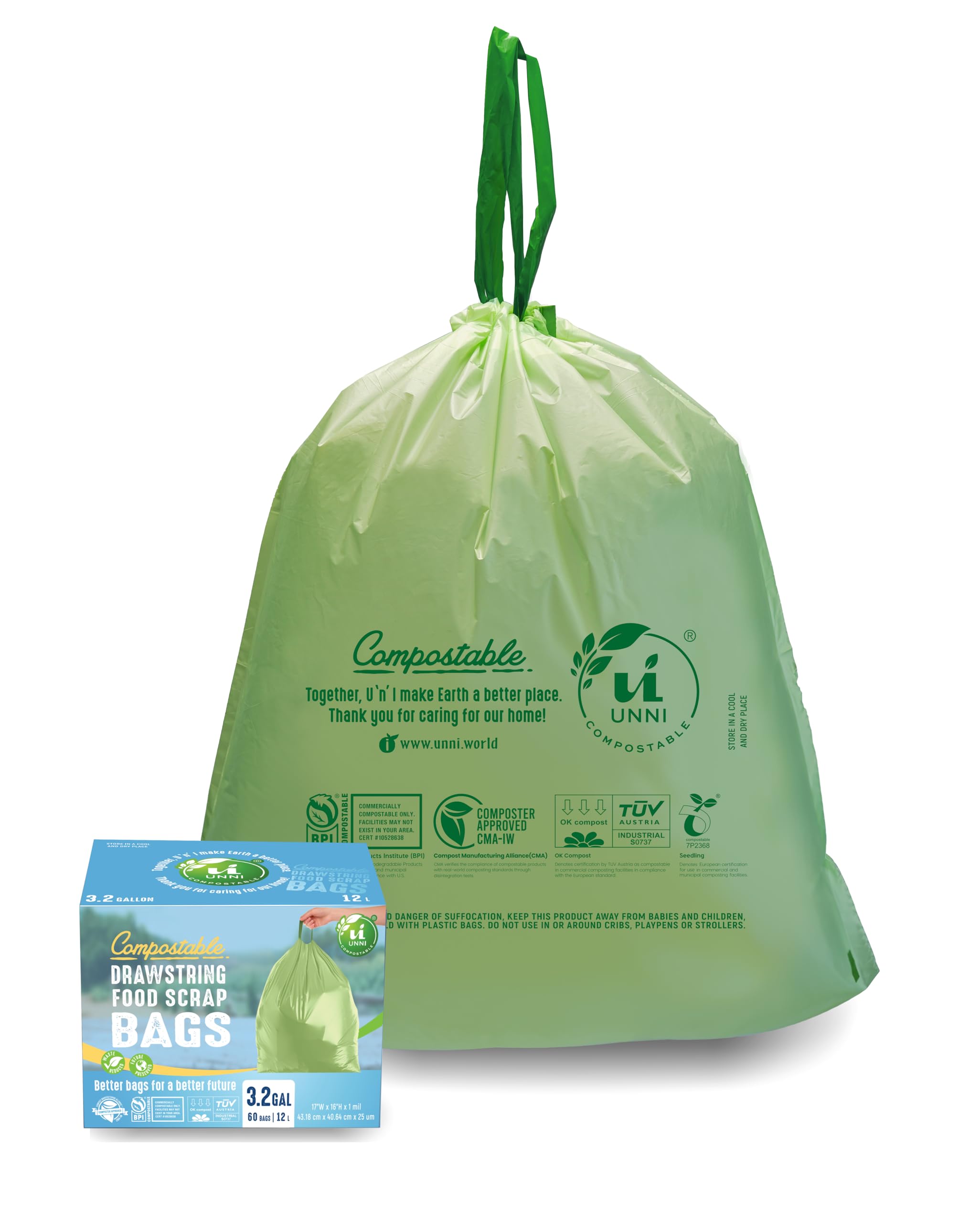 Compostable Drawstring Bags, 2.6-3.2 Gallon, 10-12 Liter, 60 Count, Heavy Duty 1 Mil, Small Food Scrap Waste Bags with Drawstring Handle, ASTM D6400, US BPI, CMA & Europe OK Compost Certified