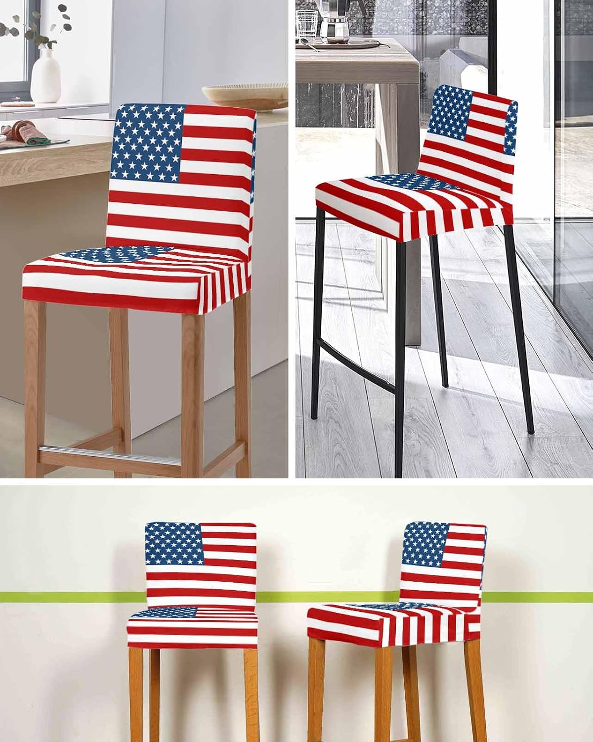 American Flag Bar Stool Covers Set of 4, Blue Red USA Flag Stretch Washable Bar Chair Covers with Backs, Removable Pub Counter Height Chair Cover for Kitchen Dining Room Cafe