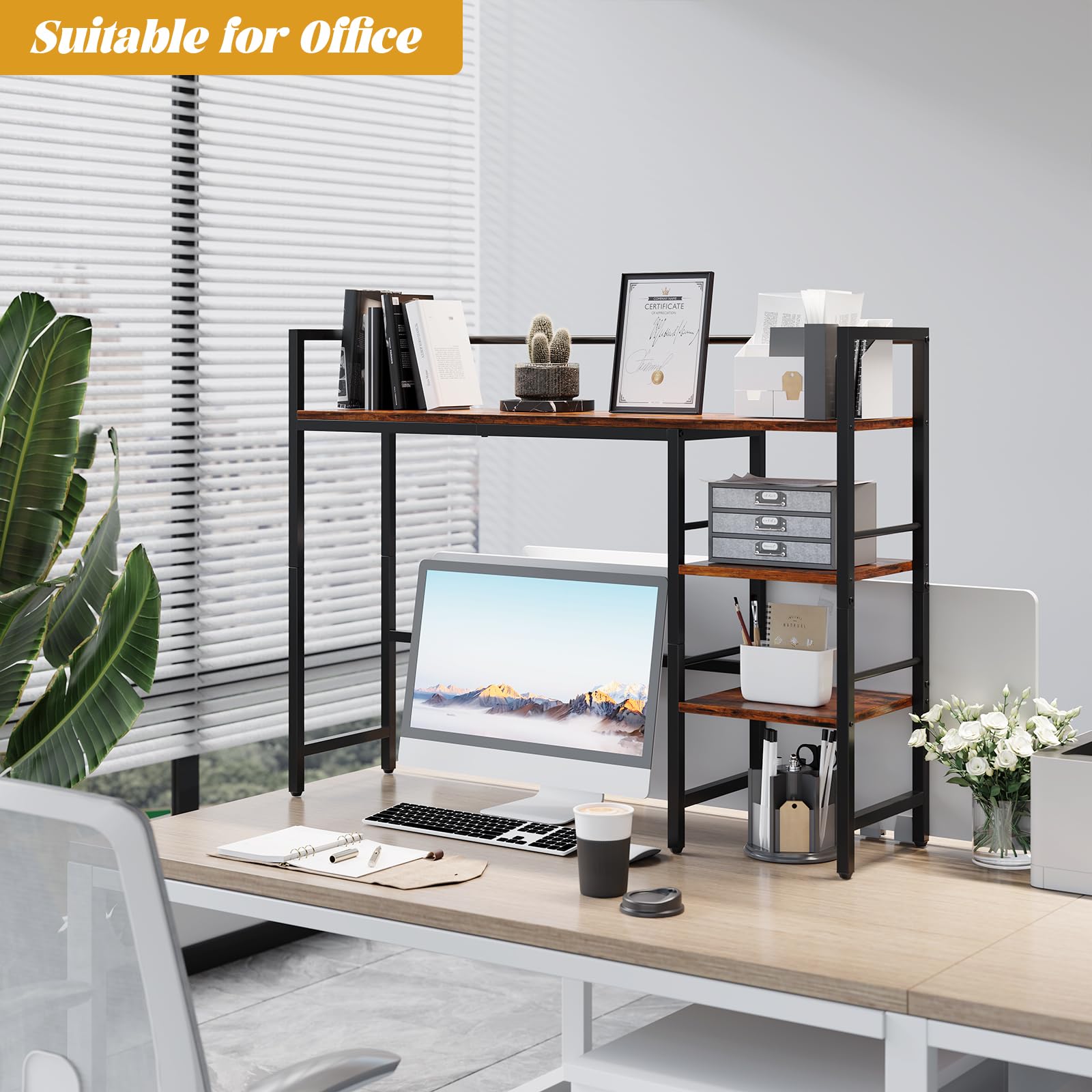 HavenlyYouth Estante de escritorio de 38.5 pulgadas para monitor de computadora, estante de almacenamiento de escritorio ajustable solamente, estante organizador de escritorio de 3 niveles para