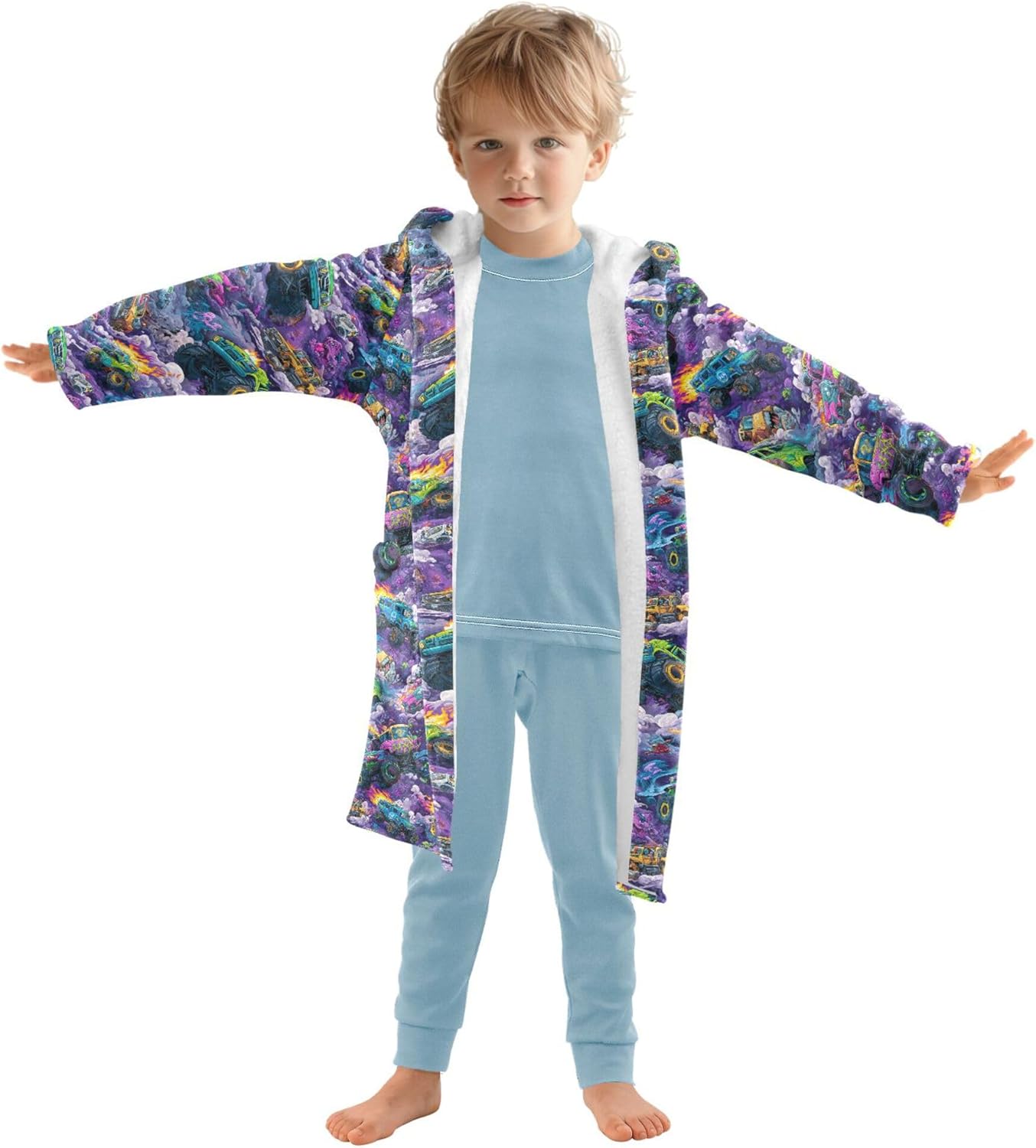 Colorful Monster Truck Cars Bathrobe Hooded PJ Robe Soft Fleece Robe Pajama Sleepwear 2-12 Years