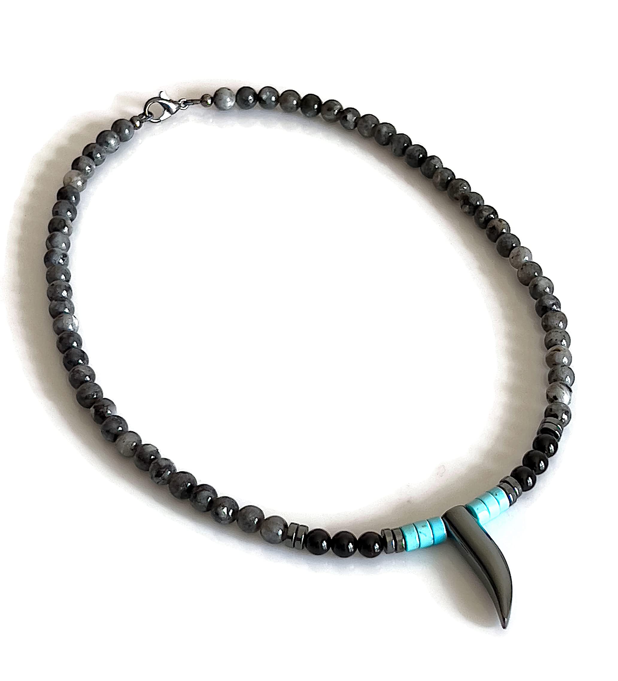 Beaded Necklace for Men Native American Inspired Handmade Jewelry Black Onyx Blue Turquoise Hematite Labradorite Tusk Horn Tooth Pendant Choker Necklace