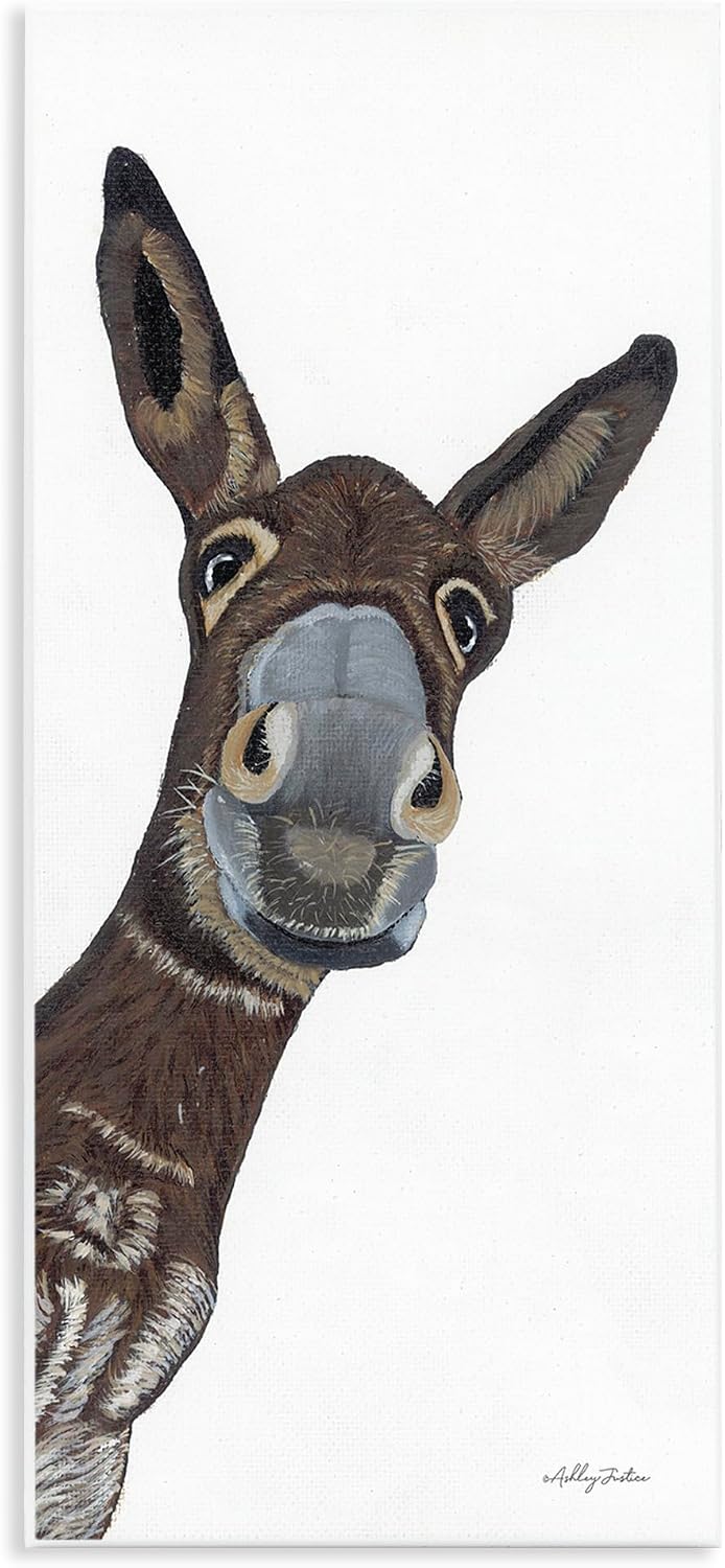 Stupell Industries 'Donkey Peering Happily Casual Farm Portrait ', Canvas Art, 13 x 30 Inches, Easy to Hang and Sturdy, Made in USA, by Ashley Justice