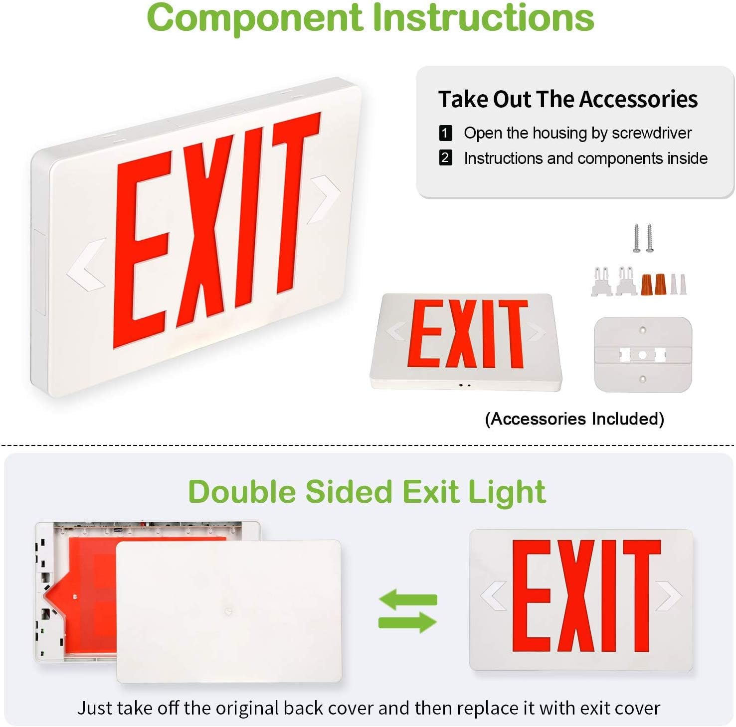 Ultra Slim LED Exit Sign, Red Letter Emergency exit Lights, 120V-277V Universal Mounting Double Face (2-Pack)