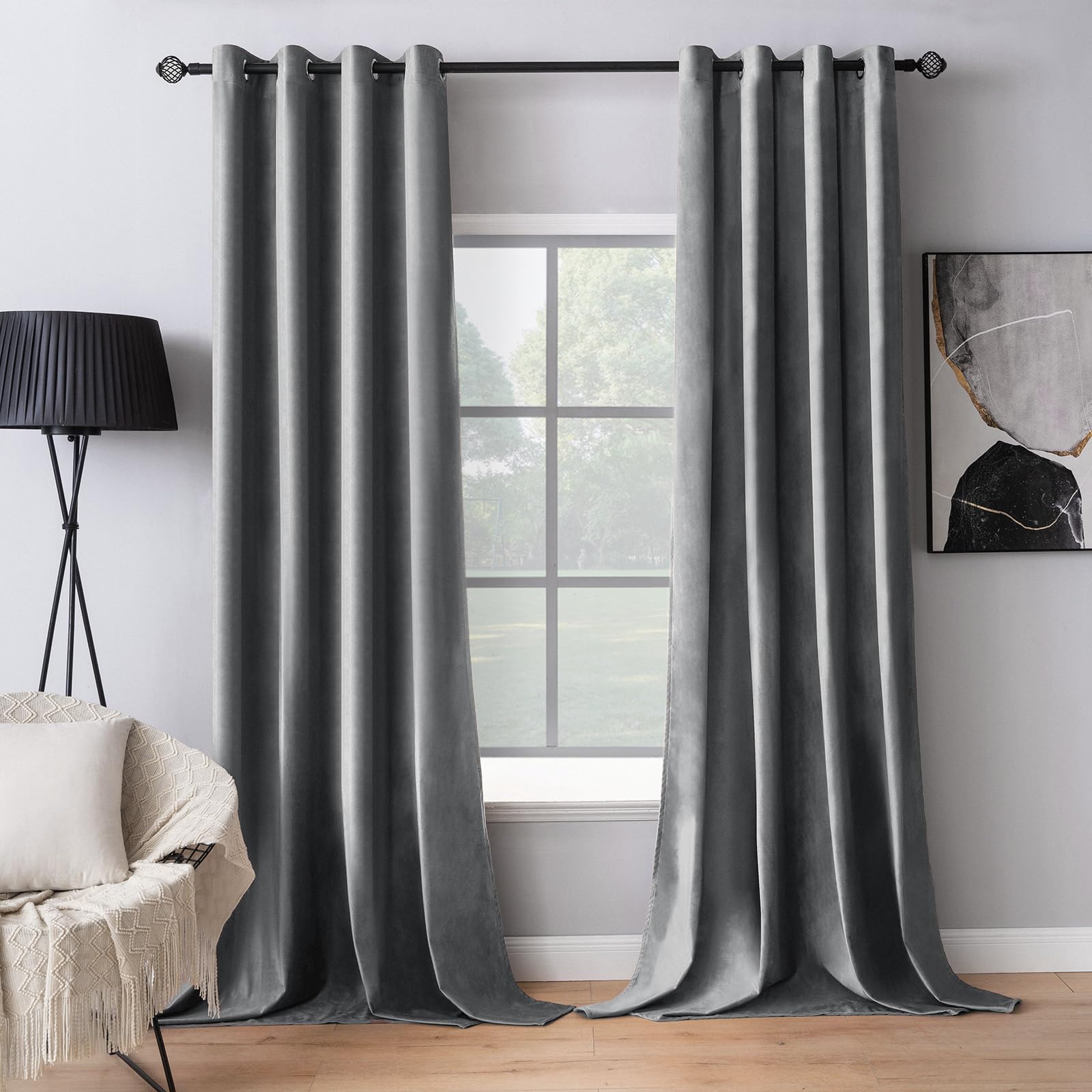 MIULEE 2 Panels Blackout Velvet Curtains Solid Soft Grommet Grey Curtains Thermal Insulated Soundproof Room Darkening Curtains/Drapes/Panels for Living Room Bedroom 52 x 72 Inch