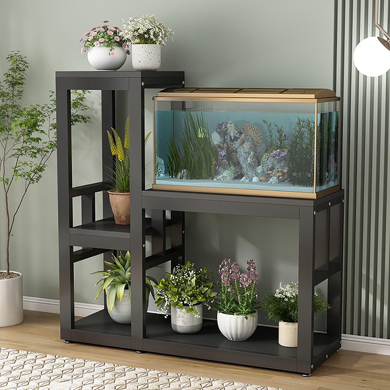 Stojak do akwarium, stojak na terrarium, z regałem do przechowywania, wytrzymały stojak na gady, nadaje się do użytku domowego i biurowego, idealny dla gadów, żółwi, ryb (czarny + czarny, 47,2 x 30 cm