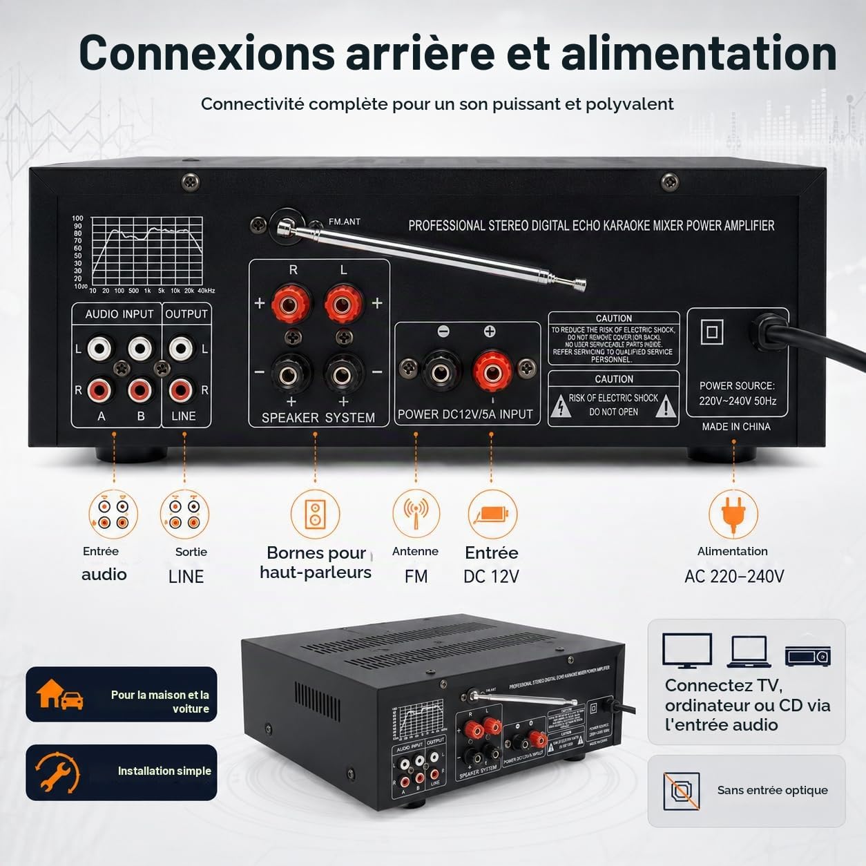 amplificateur hifi stéréo avec Bluetooth 5.0 2000 W récepteur audio karaoké FM USB SD AUX, préamplificateur mélangeur EQ 5 bandes, 4 mir, amplificateur avec boîtes, tuner