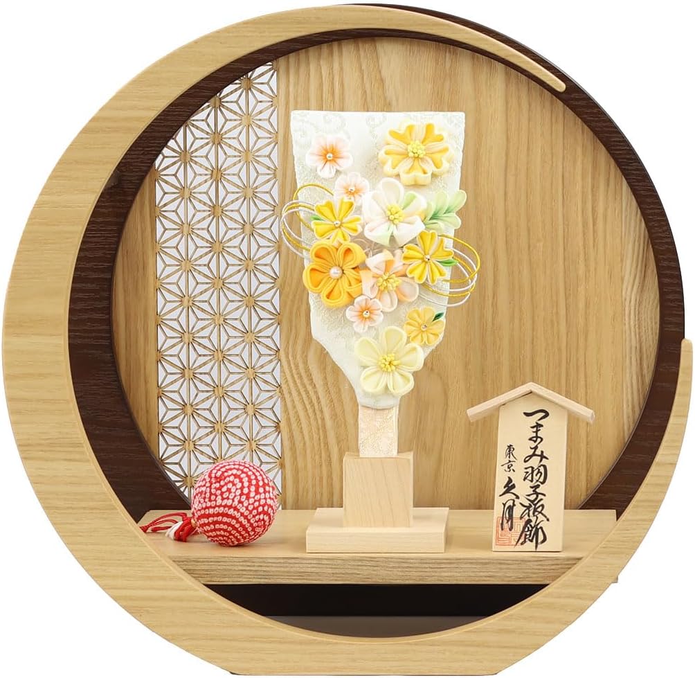 羽子板 久月 つまみ細工 羽子板 黄 透かし麻の葉模様 木製 円形 三日月