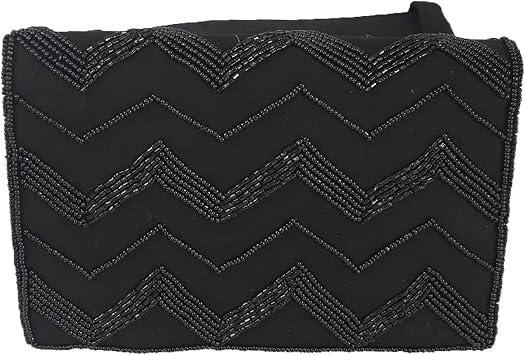 Mary Frances Black Beaded Belt Bag, Adjustable Waist Pack with Flap Closure, Fabric & Bead Handbag, Womens Fashion Accessory