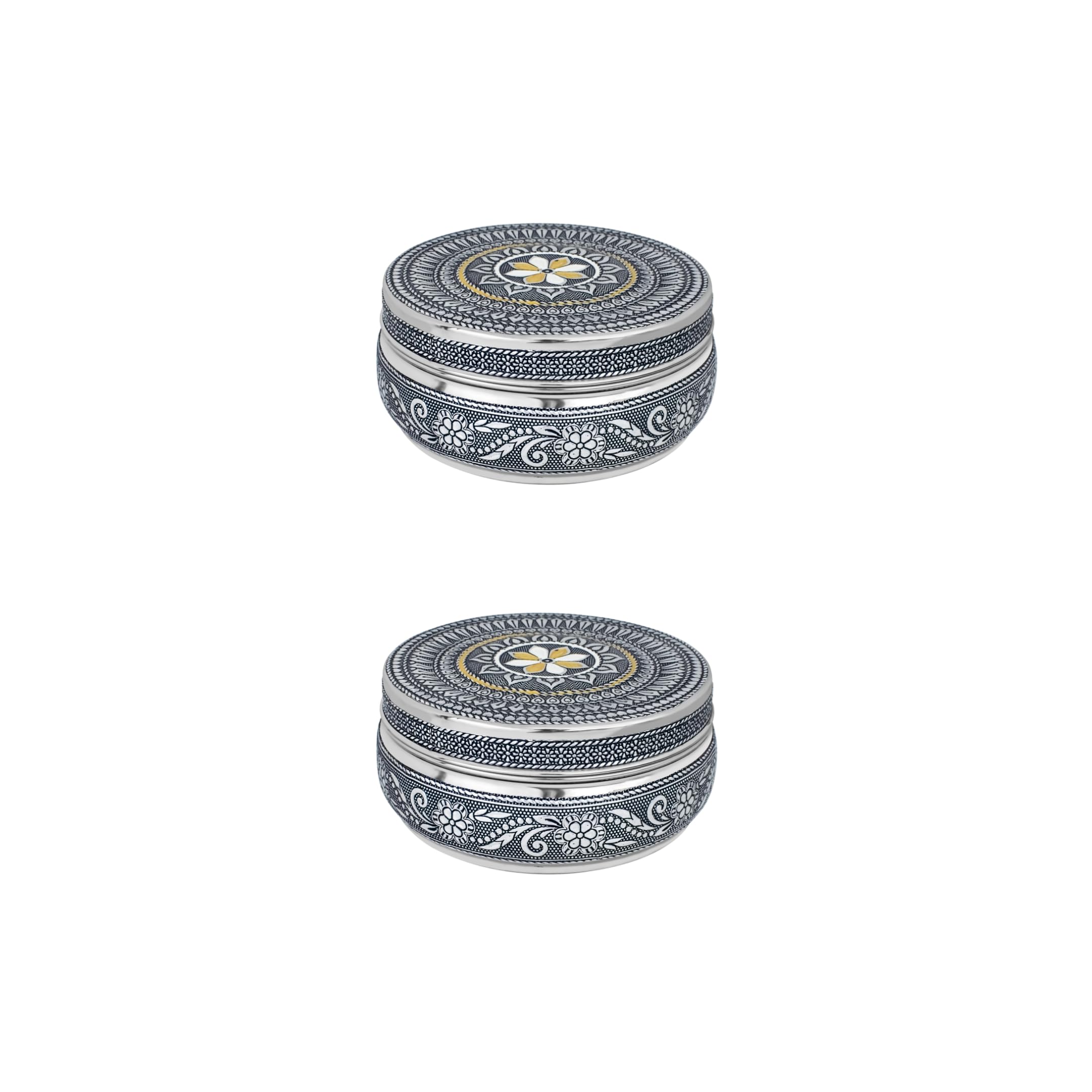 Trisara Pack of 2 Stainless Steel Antique Meena Box | 350 ml | 10.5 cm | Size 7 | Dabba/Storage/Container Box for Dry Fruits/Sweets/Snacks-image-42