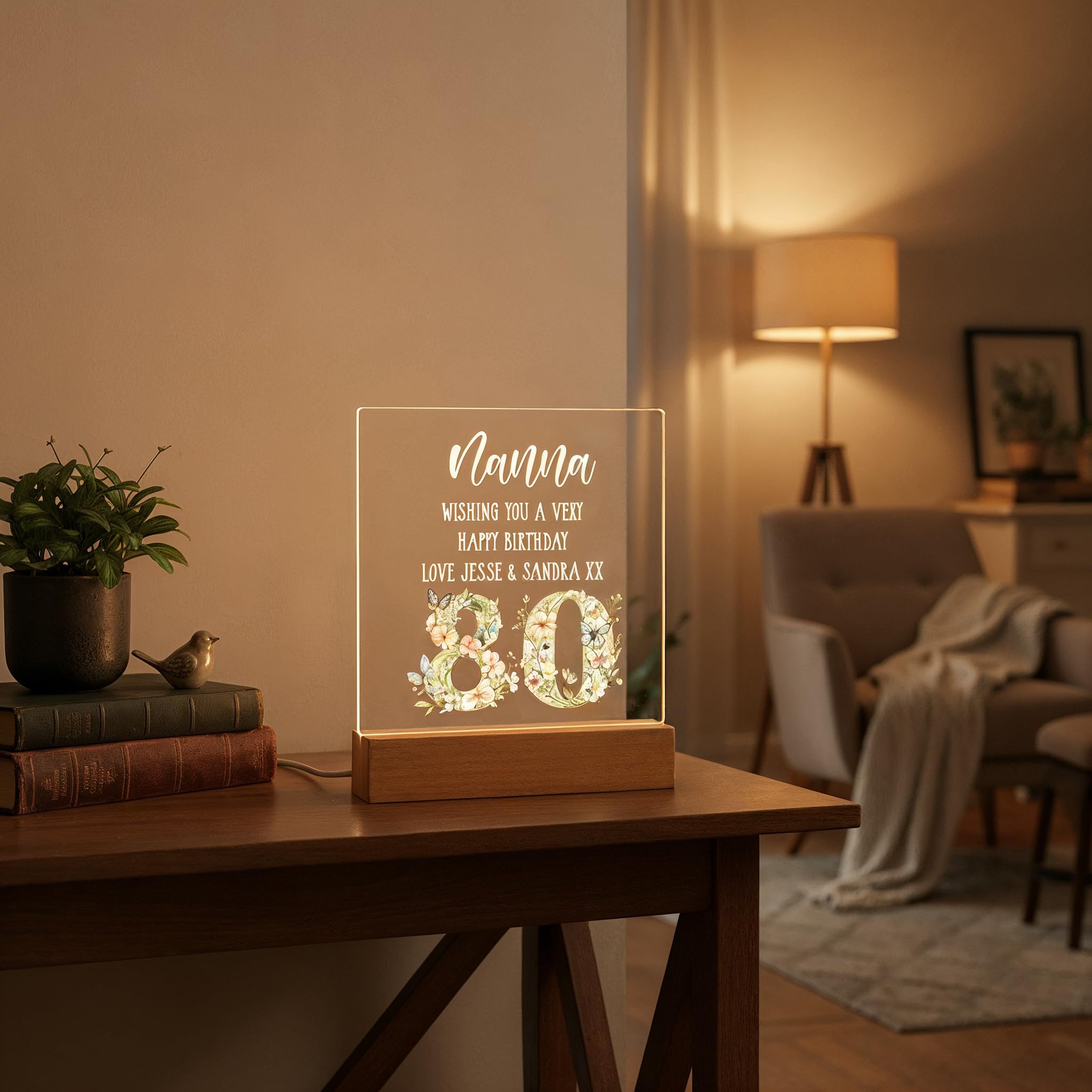 ukgiftstoreonline Personalised 80th Birthday Gift for Her LED Light with Flowers and Butterflies, 22cm, USB Powered, Wooden Base, Acrylic