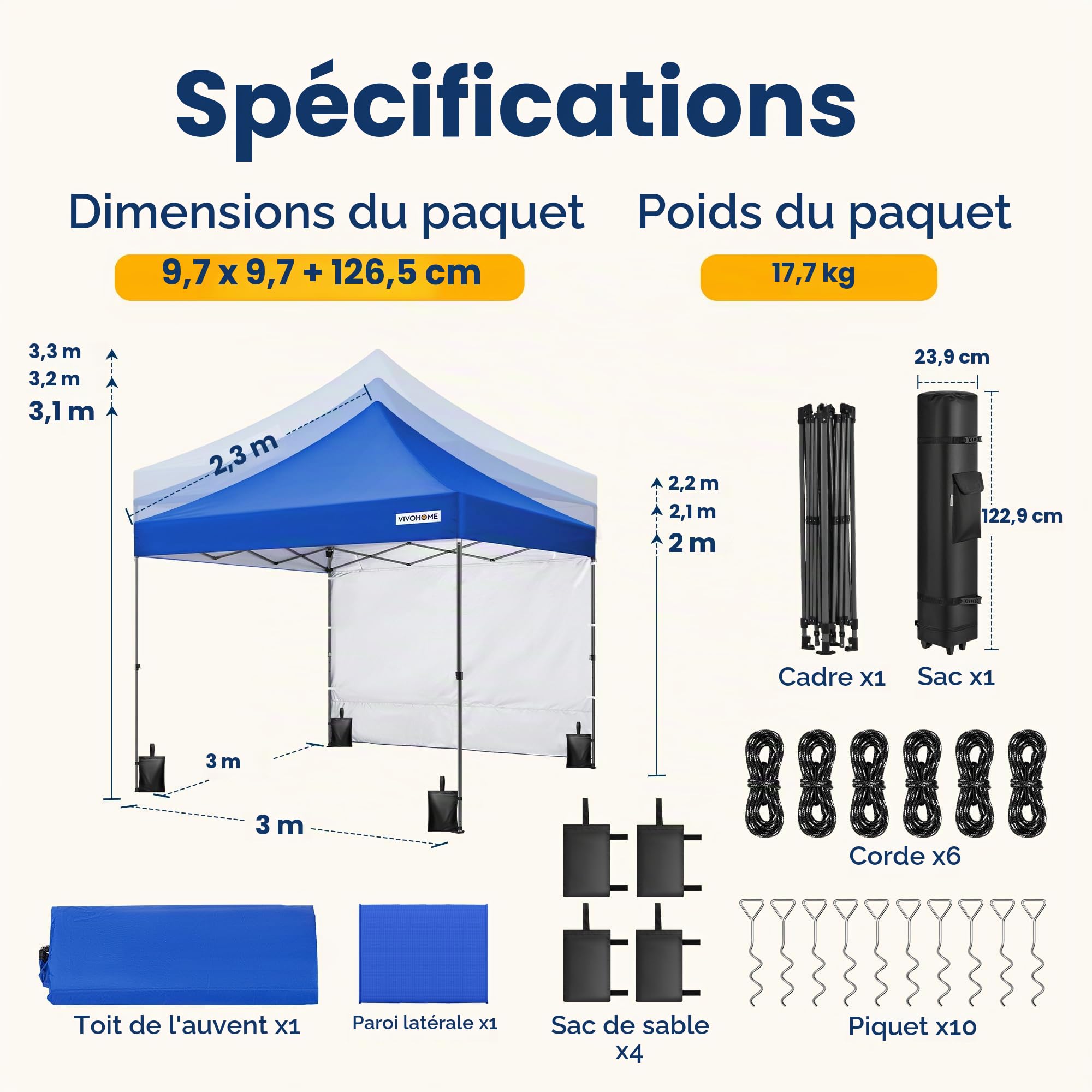 VIVOHOME 3x3m Tonnelle Pliante Extérieur avec Panneau Latéral Oxford 150D | Tente de Jardin Imperméable Structure Acier Réglable Protection UPF 50+, Housse à Roulettes pour Camping Fêtes
