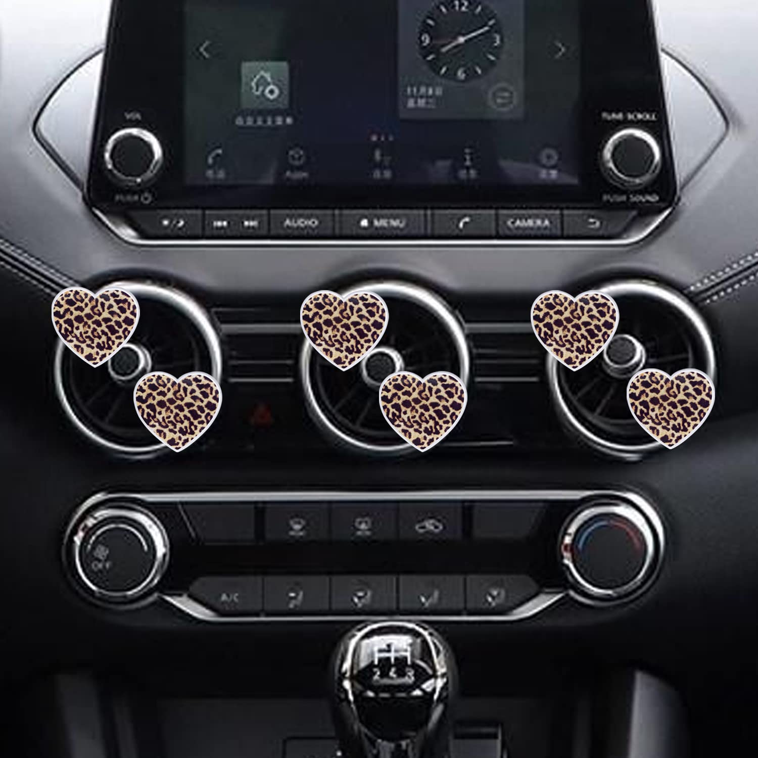 6 Stück Herz-Lüftungs-Clips, Leopardenmuster, Herz-Auto-Lufterfrischer-Clips, langlebig, Auto-Diffusor, Lüftungs-Clip, Auto-Innendekoration, Charm, Auto-Dekoration, niedliches Autozubehör für Frauen