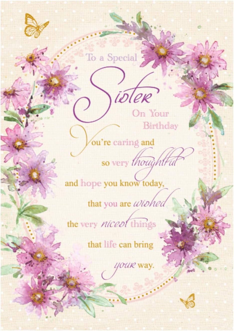 Artistic Words n Wishes Sister Birthday Card - Traditional Pretty Floral Wreath and Loving Verse Finished with Attractive Gold Foil - Greeting Card For Her (WW-K207)