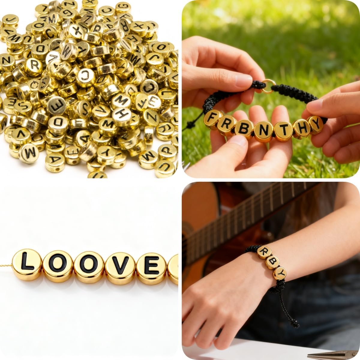 1250 PCS Letter Beads Kit with Elastic Cord – Alphabet A–Z, Numbers, Heart,Beads for Friendship Bracelets & DIY Jewelry (Golden Beats & Black Letters) image 4