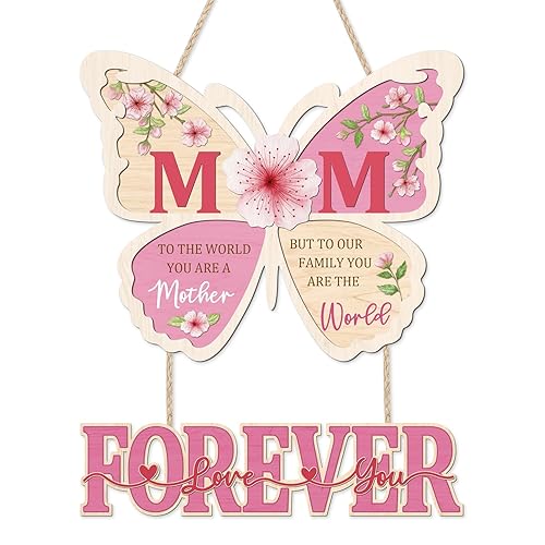 CHDITB Mom Forever Sign Door Hanger(12"x15"), Wooden Butterfly-Shaped Welcome Decoration