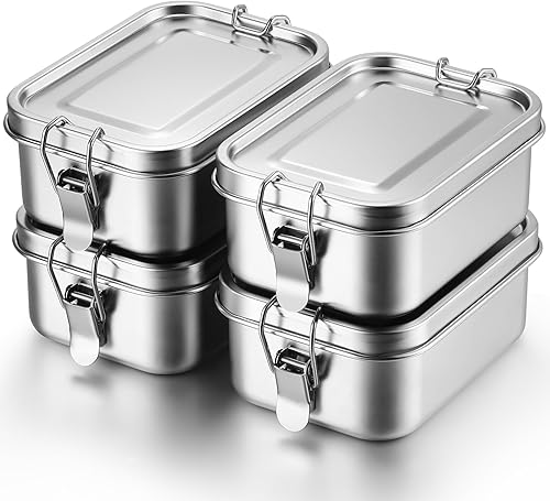 Umigy 4 Piezas de Contenedores de Alimentos de Acero Inoxidable Caja de Almuerzo Bento de Metal Contenedores de Almacenamiento de Alimentos de Acero