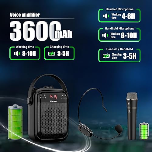 Miniatura 5 de ZOWEETEK Amplificador de voz inalámbrico, micrófonos de mano y auriculares para profesores, micrófono amplificador de voz, megáfono portátil