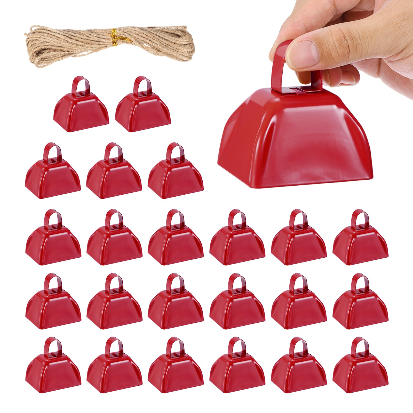 PATIKIL 24pcs Cow Bells for Football Games 3 Inch Cowbells for Sporting Events Bulk Loud Noise Makers Metal Cow Bell with Rope for Cheering Wedding Red