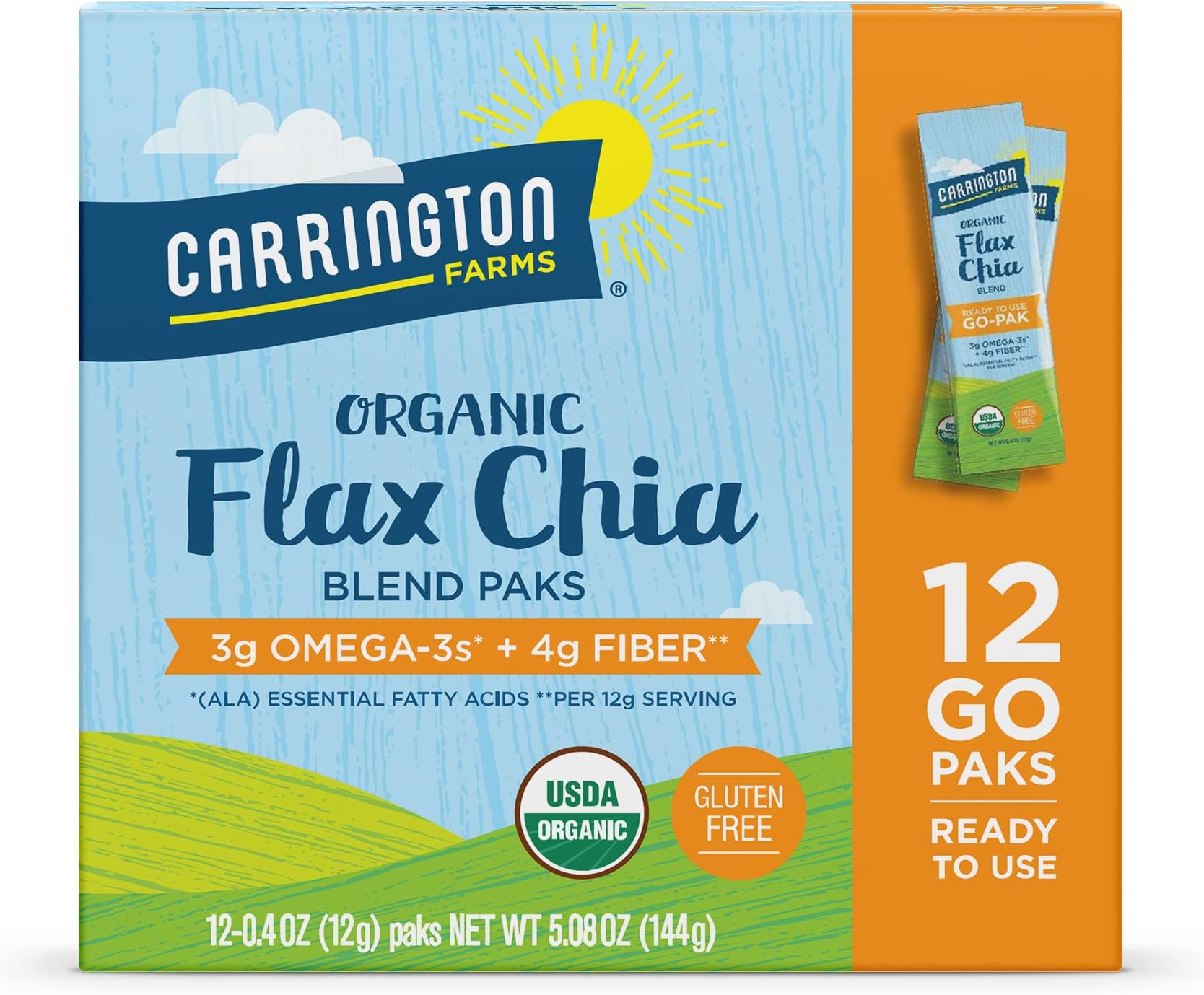 Carrington Farms Organic Flax Chia Packs, 0.4 Ounce (Pack of 12), Gluten-Free, Ready-to-Eat, Omega-3 & Fiber Rich, Non-GMO, Perfect for Smoothies, Oatmeal, Salads, High in Protein