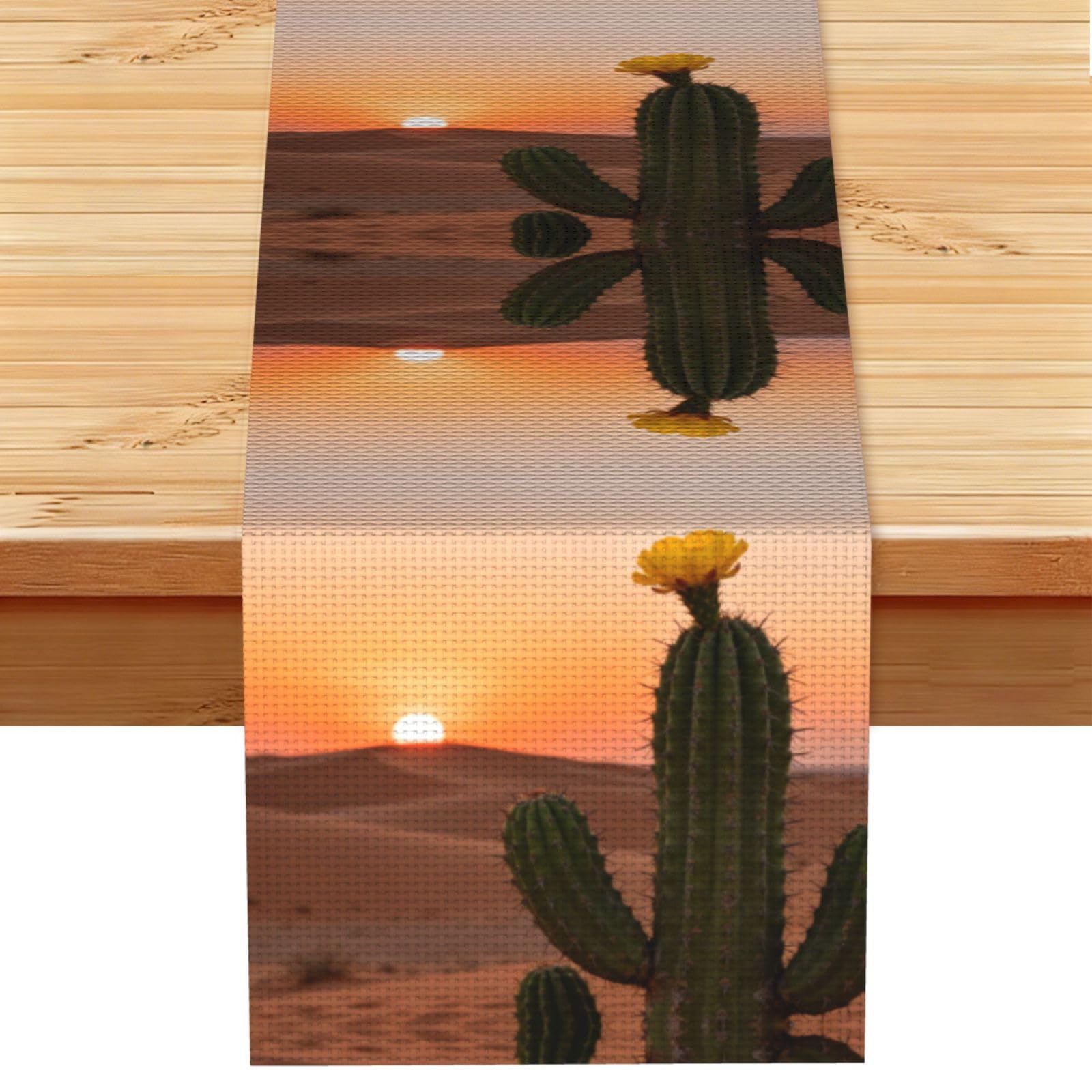 Desert Cactus Bloom Linen Look Table Runner 13x72-Wrinkle Resistant Farmhouse Style for Dining Table Decor